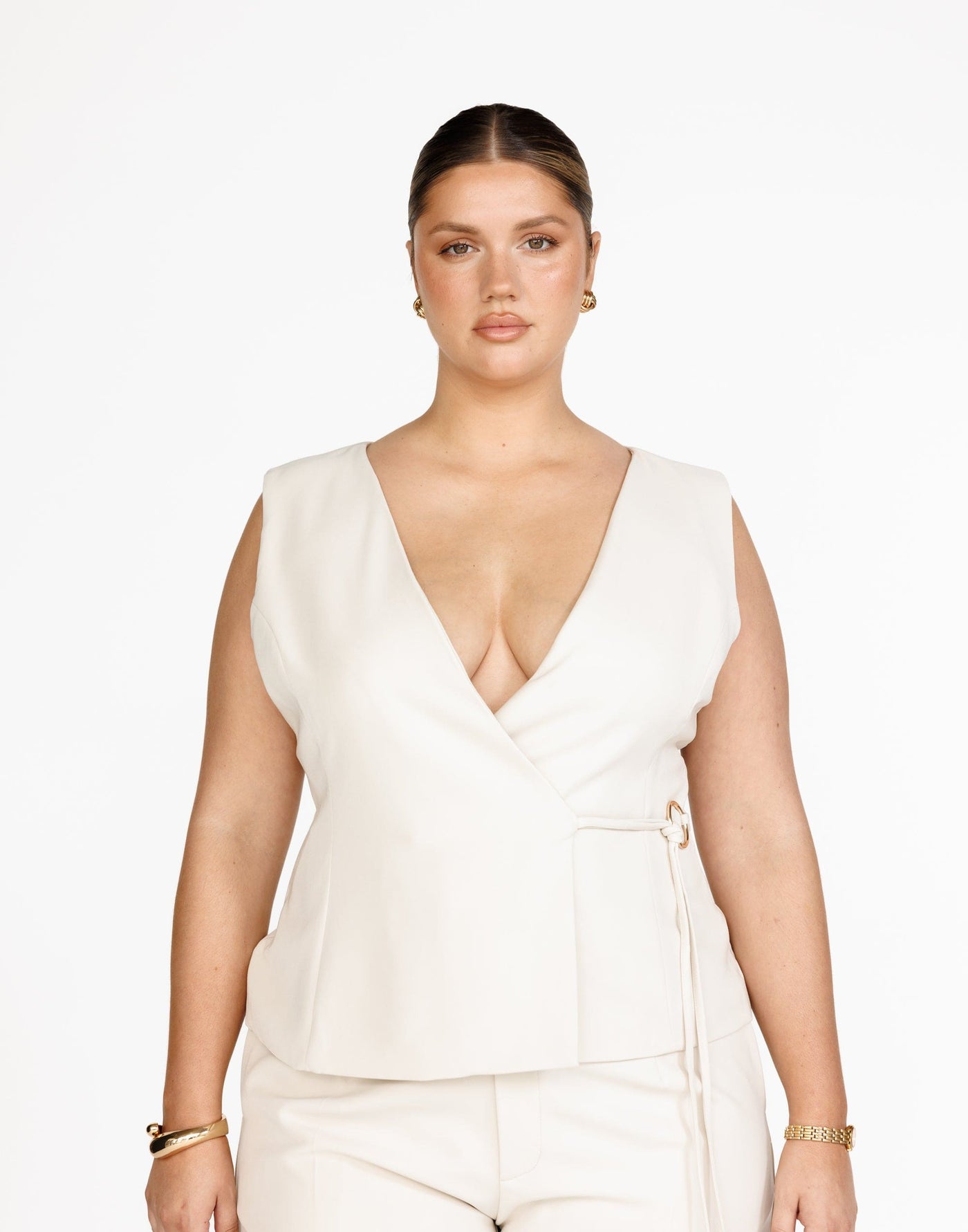Alayna Top (Oat) | CHARCOAL Exclusive - Wrap Style Gold Detail Top - Women's Top - Charcoal Clothing