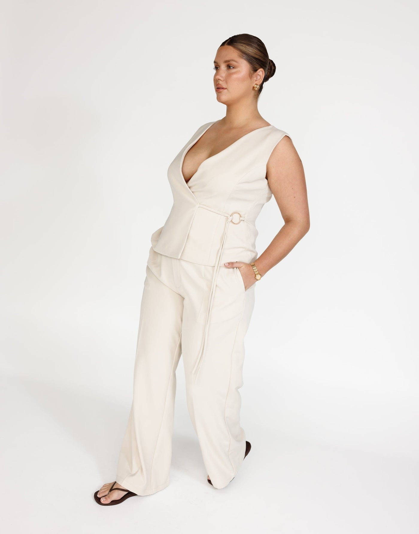 Alayna Top (Oat) | CHARCOAL Exclusive - Wrap Style Gold Detail Top - Women's Top - Charcoal Clothing