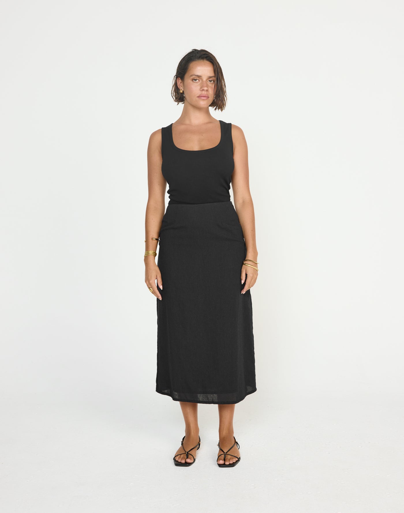 Cleo Midi Skirt (Black) - CHARCOAL EXCLUSIVE - Linen Mid Rise Midi Skirt - Women's Skirt - Charcoal Clothing