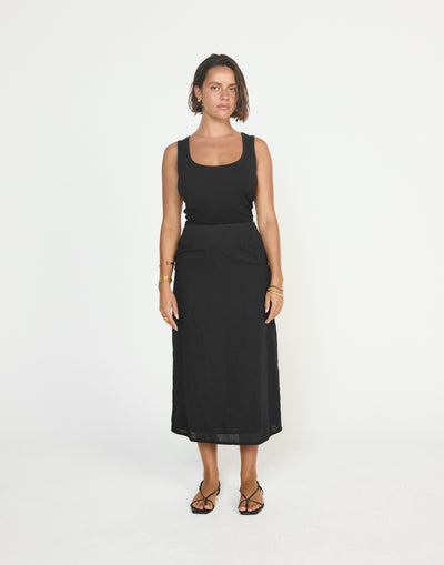 Cleo Midi Skirt (Black) - CHARCOAL EXCLUSIVE - Linen Mid Rise Midi Skirt - Women's Skirt - Charcoal Clothing
