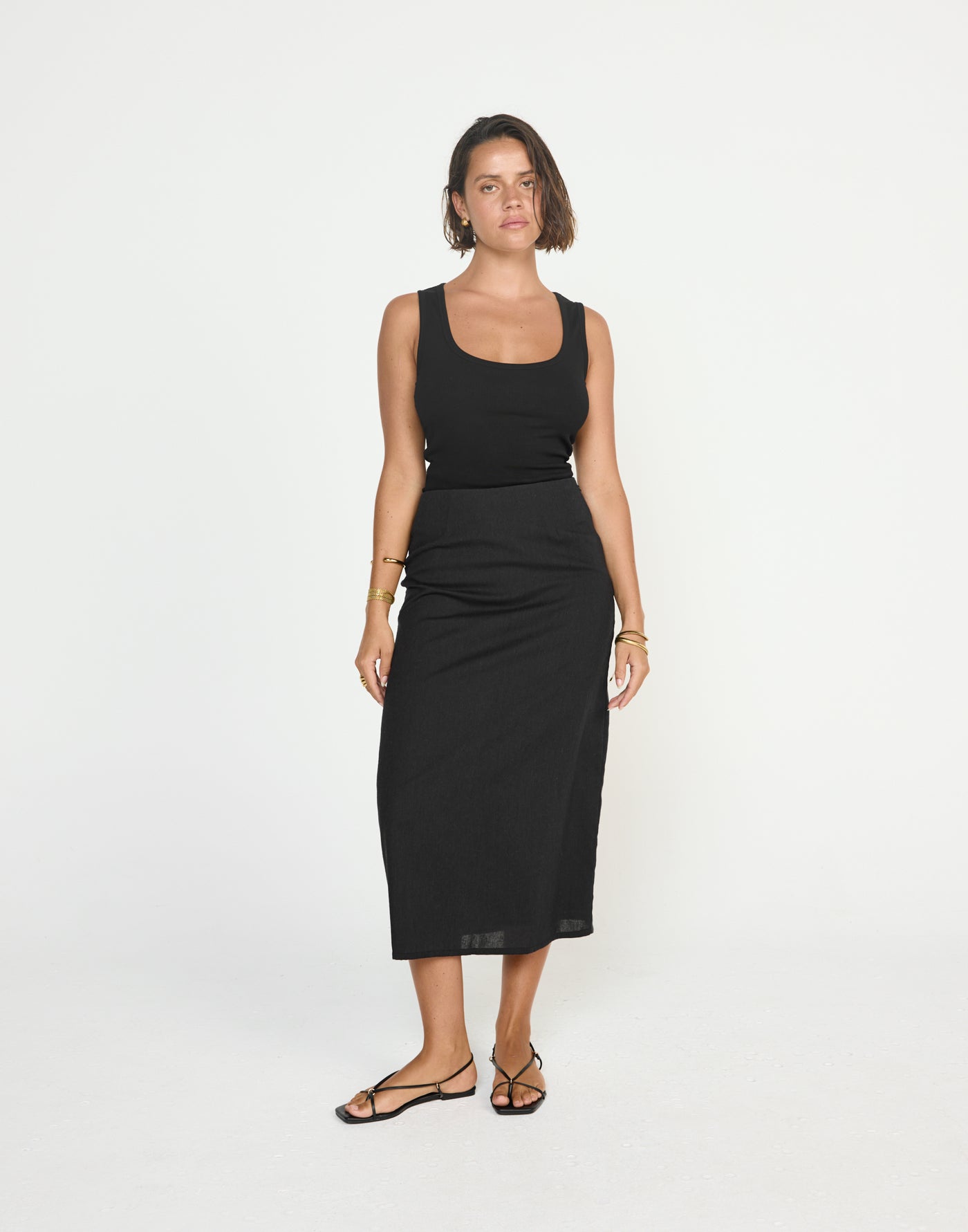 Cleo Midi Skirt (Black) - CHARCOAL EXCLUSIVE - Linen Mid Rise Midi Skirt - Women's Skirt - Charcoal Clothing