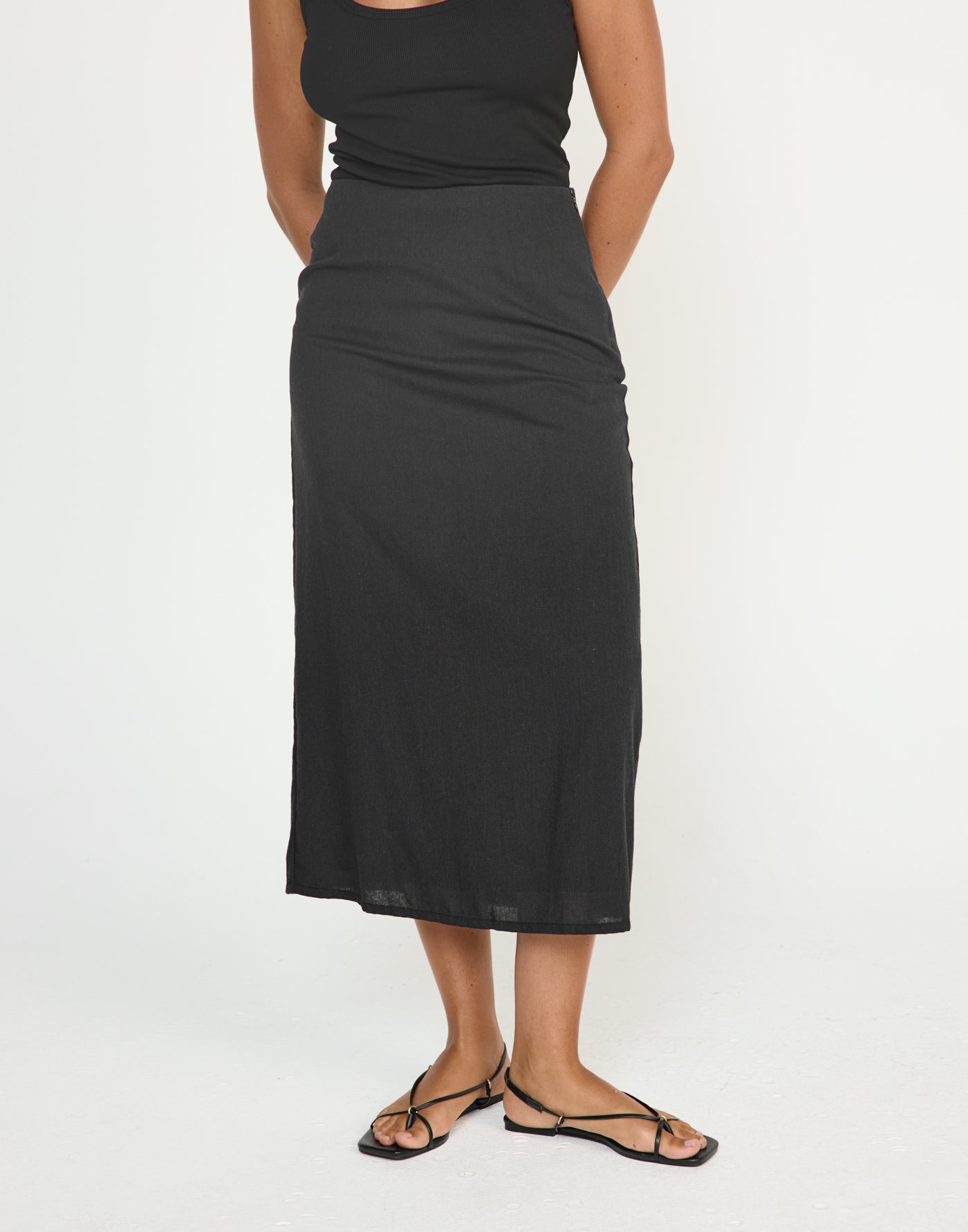 Cleo Midi Skirt (Black) - CHARCOAL EXCLUSIVE - Linen Mid Rise Midi Skirt - Women's Skirt - Charcoal Clothing