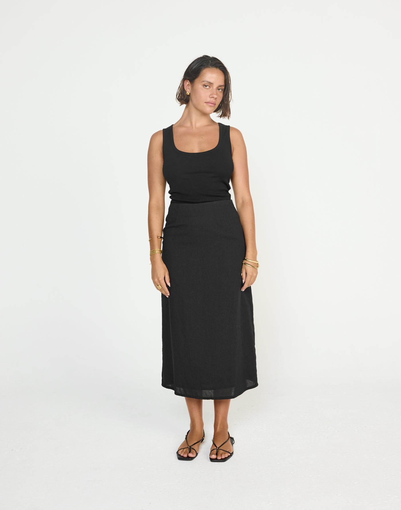 Cleo Midi Skirt (Black) - CHARCOAL EXCLUSIVE - Linen Mid Rise Midi Skirt - Women's Skirt - Charcoal Clothing