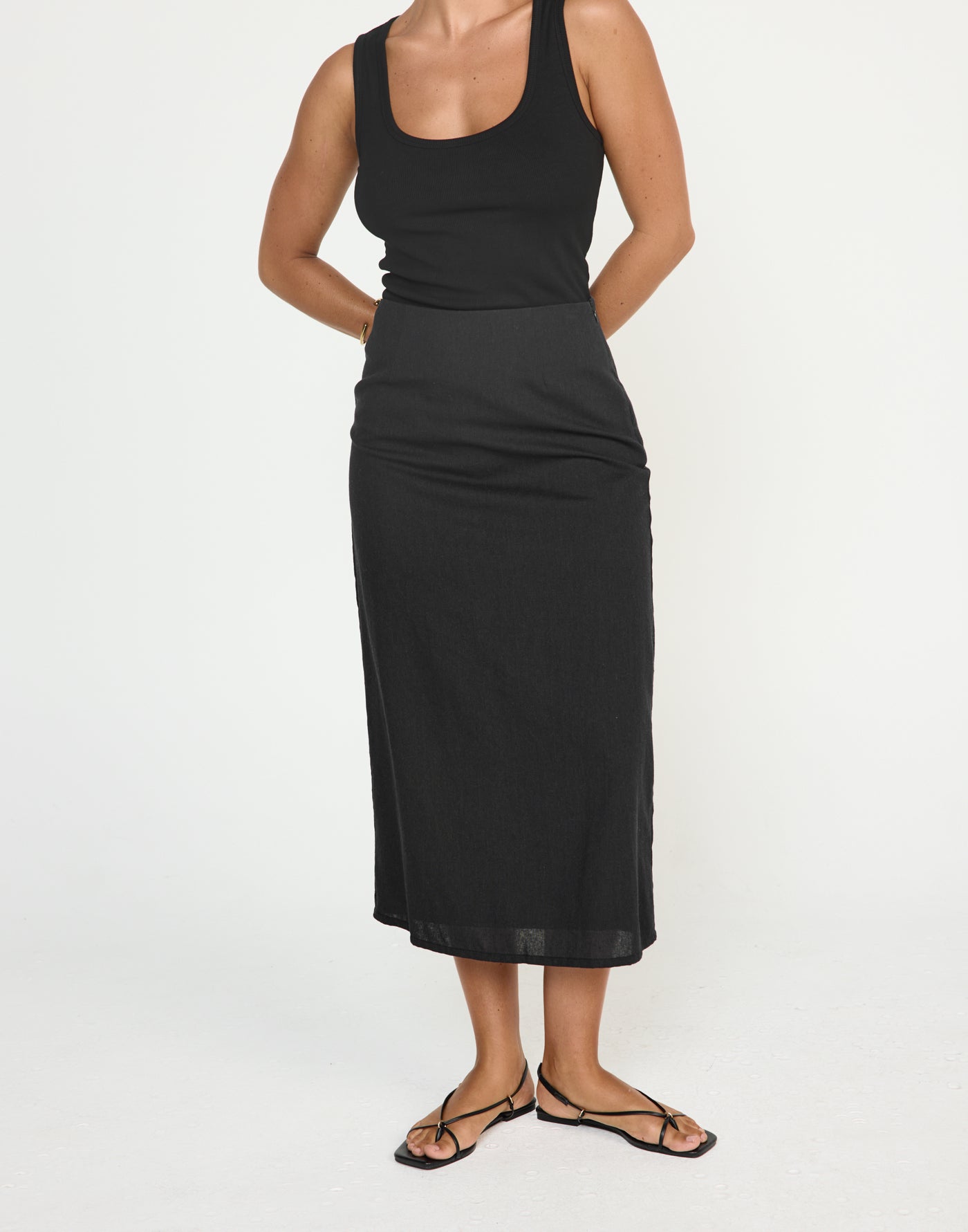 Cleo Midi Skirt (Black) - CHARCOAL EXCLUSIVE - Linen Mid Rise Midi Skirt - Women's Skirt - Charcoal Clothing