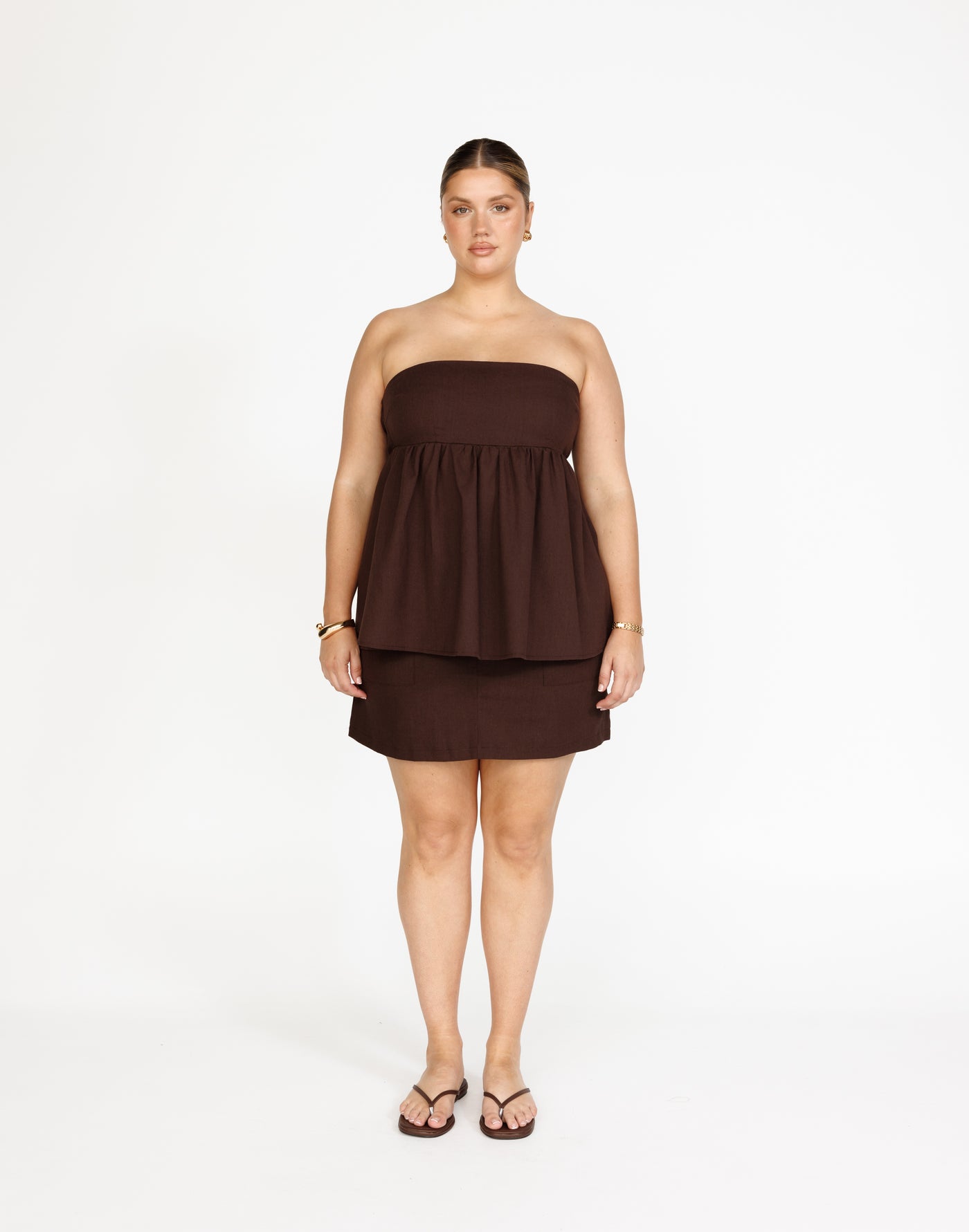 Tarsha Strapless Linen Top (Chocolate) | Charcoal Clothing Exclusive - Strapless Peplum Top - Women's Top - Charcoal Clothing