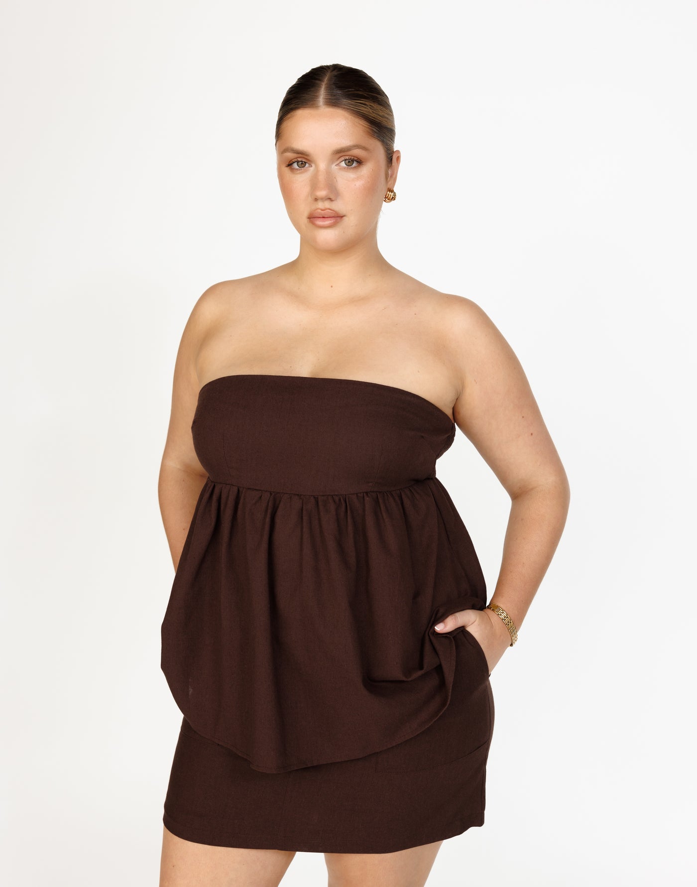 Tarsha Strapless Linen Top (Chocolate) | Charcoal Clothing Exclusive - Strapless Peplum Top - Women's Top - Charcoal Clothing
