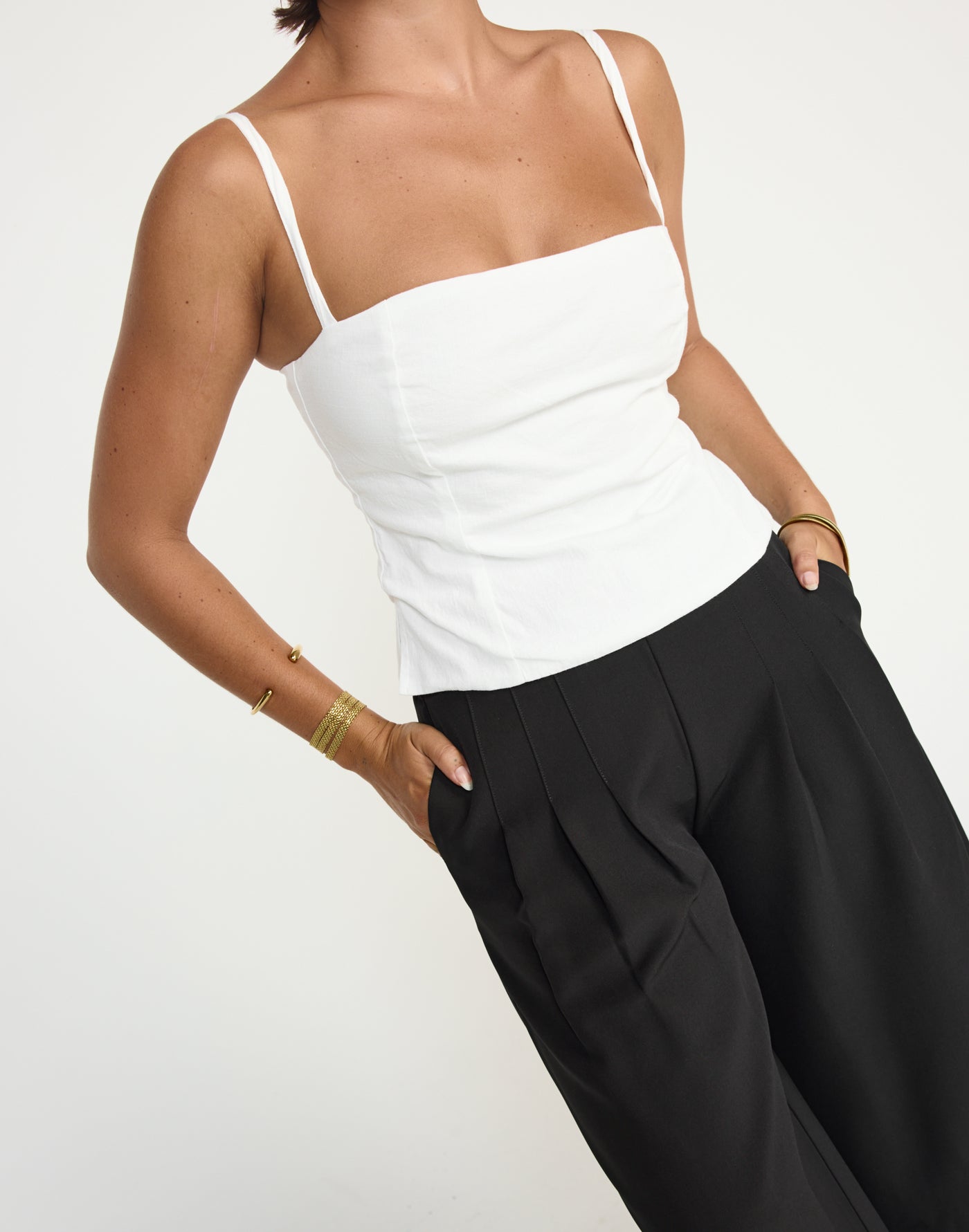 Sirena Top (White) - CHARCOAL EXCLUSIVE - Fitted bodice linen fabrication top adjustable straps - Women's Top - Charcoal Clothing