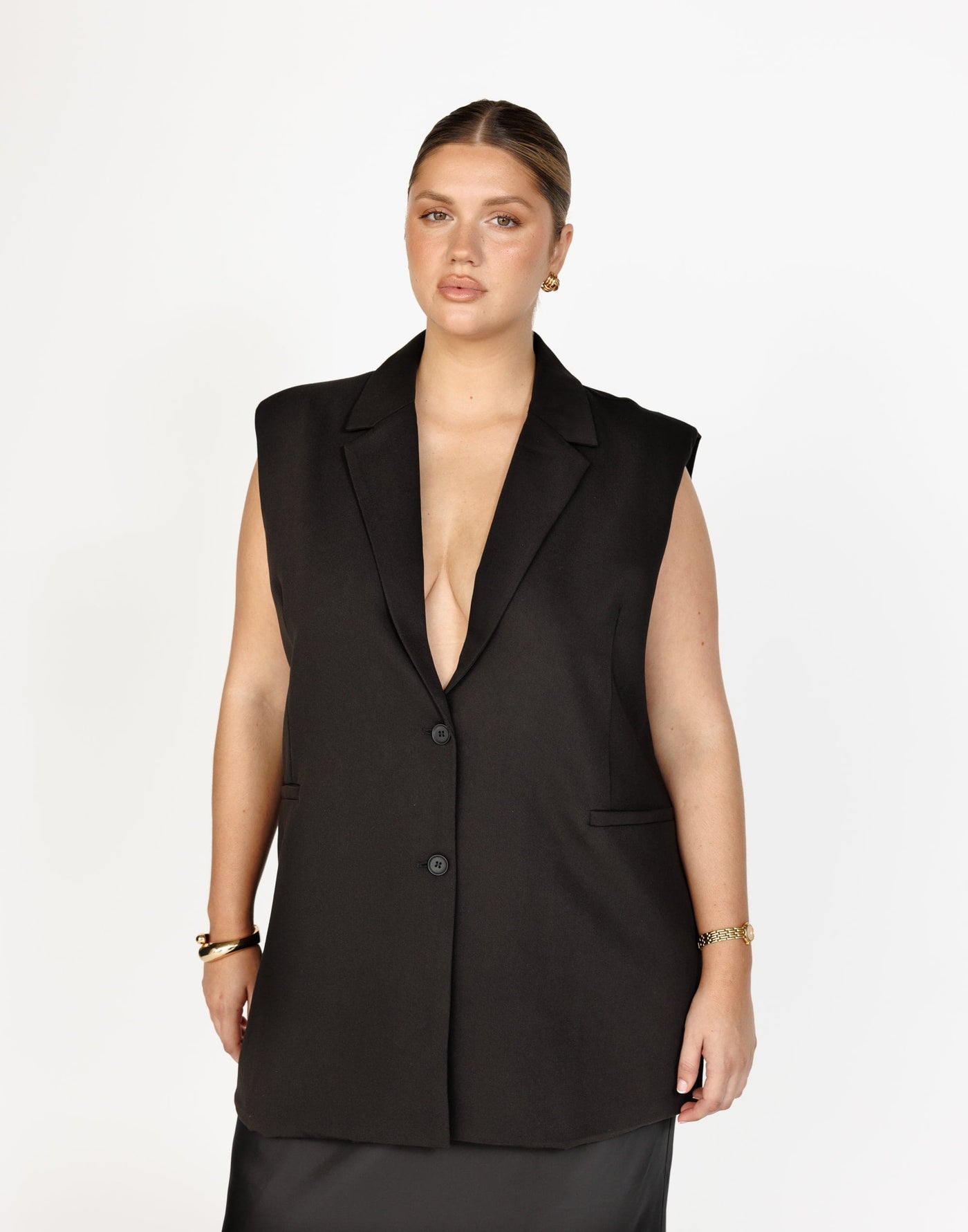 Rory Vest (Black) | CHARCOAL Exclusive - Oversized Straight Fit Low V-neck Vest - Women's Top - Charcoal Clothing