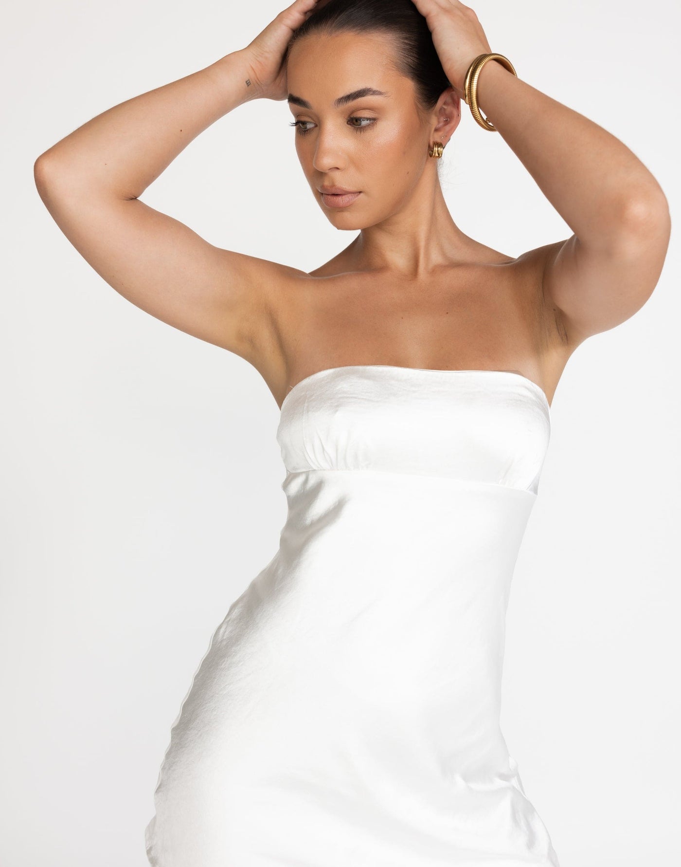 Loren Mini Dress (White) | CHARCOAL Exclusive - Satin Strapless Mini - Women's Dress - Charcoal Clothing