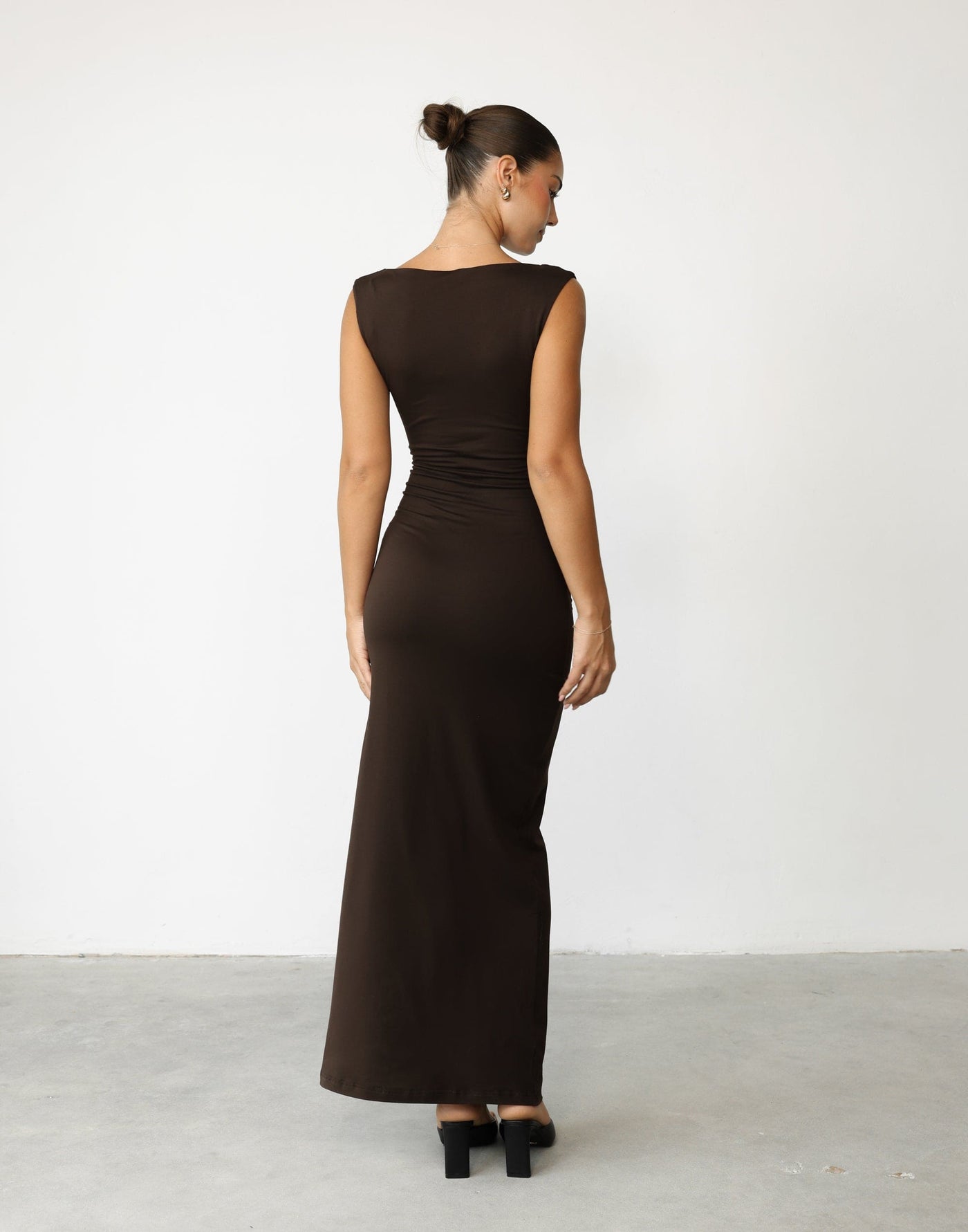 Viola Maxi Dress (Chocolate) | CHARCOAL Exclusive - Low V-neck Bodycon Ruched Maxi Dress - Women's Dress - Charcoal Clothing