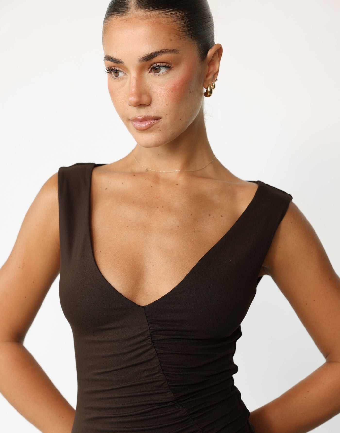 Viola Maxi Dress (Chocolate) | CHARCOAL Exclusive - Low V-neck Bodycon Ruched Maxi Dress - Women's Dress - Charcoal Clothing
