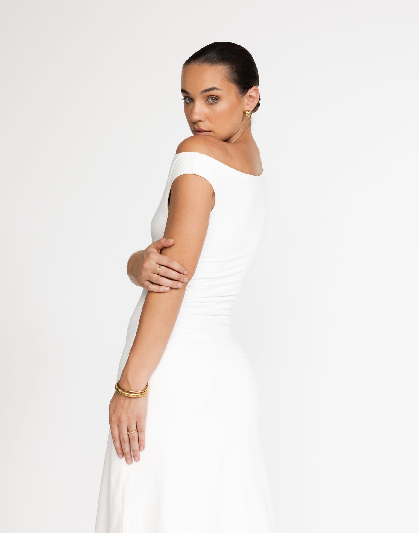 Lulu Midi Dress (White) | CHARCOAL Exclusive - Off Shoulder - Bodycon - Women's Dress - Charcoal Clothing