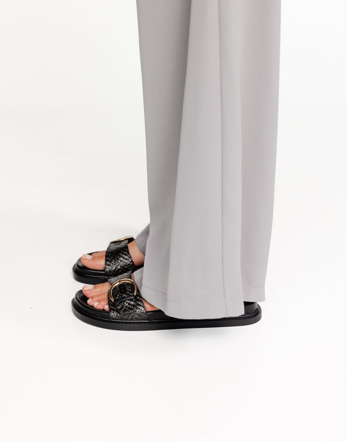 Wilmer Slides (Black Raffia) - By Billini - Dual Strap Flat Sole Slides - Women's Shoes - Charcoal Clothing