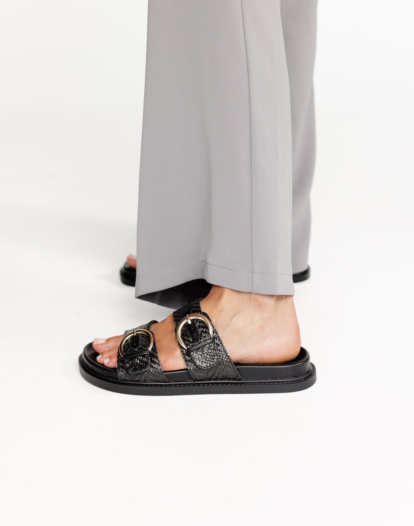 Wilmer Slides (Black Raffia) - By Billini - Dual Strap Flat Sole Slides - Women's Shoes - Charcoal Clothing
