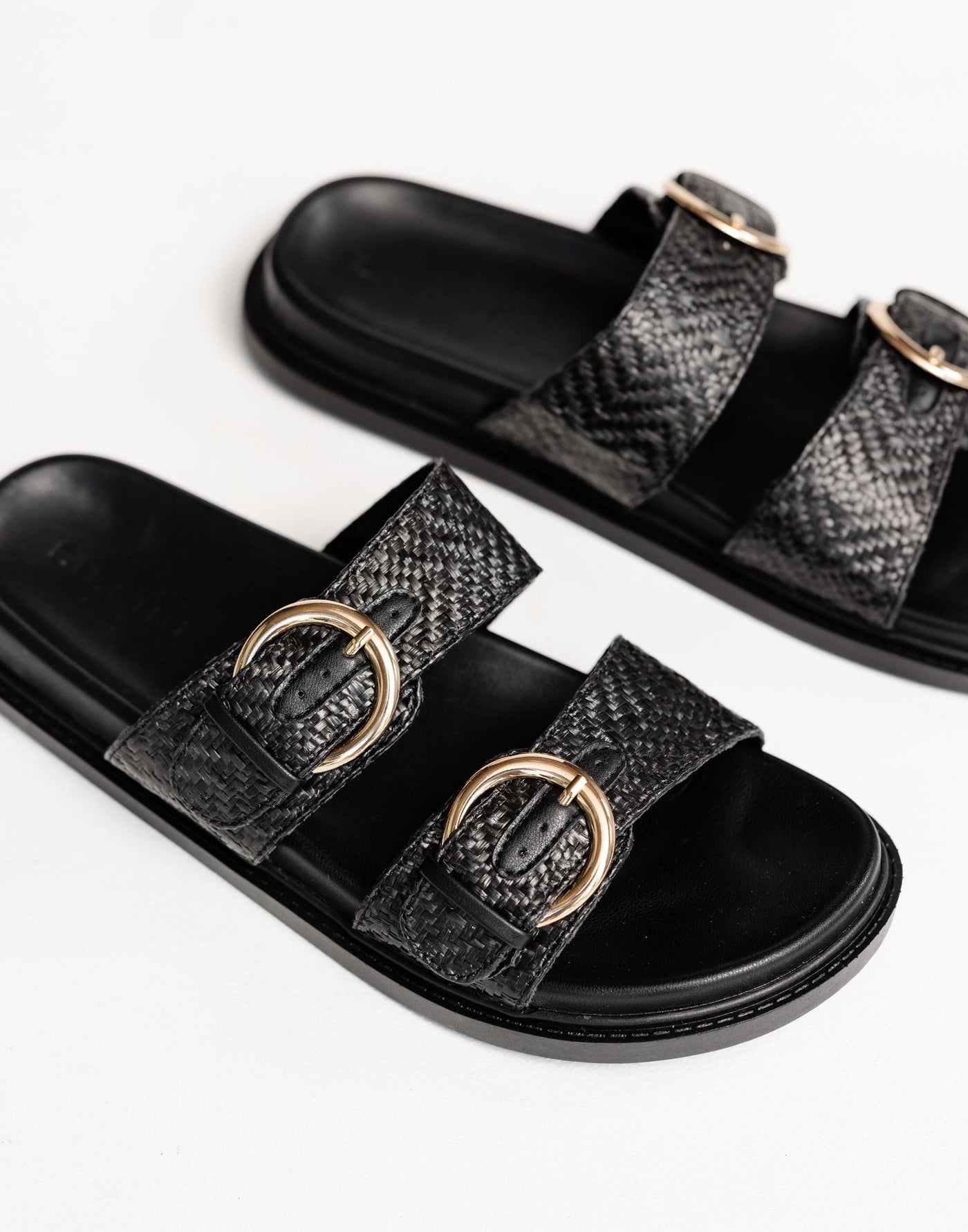 Wilmer Slides (Black Raffia) - By Billini - Dual Strap Flat Sole Slides - Women's Shoes - Charcoal Clothing