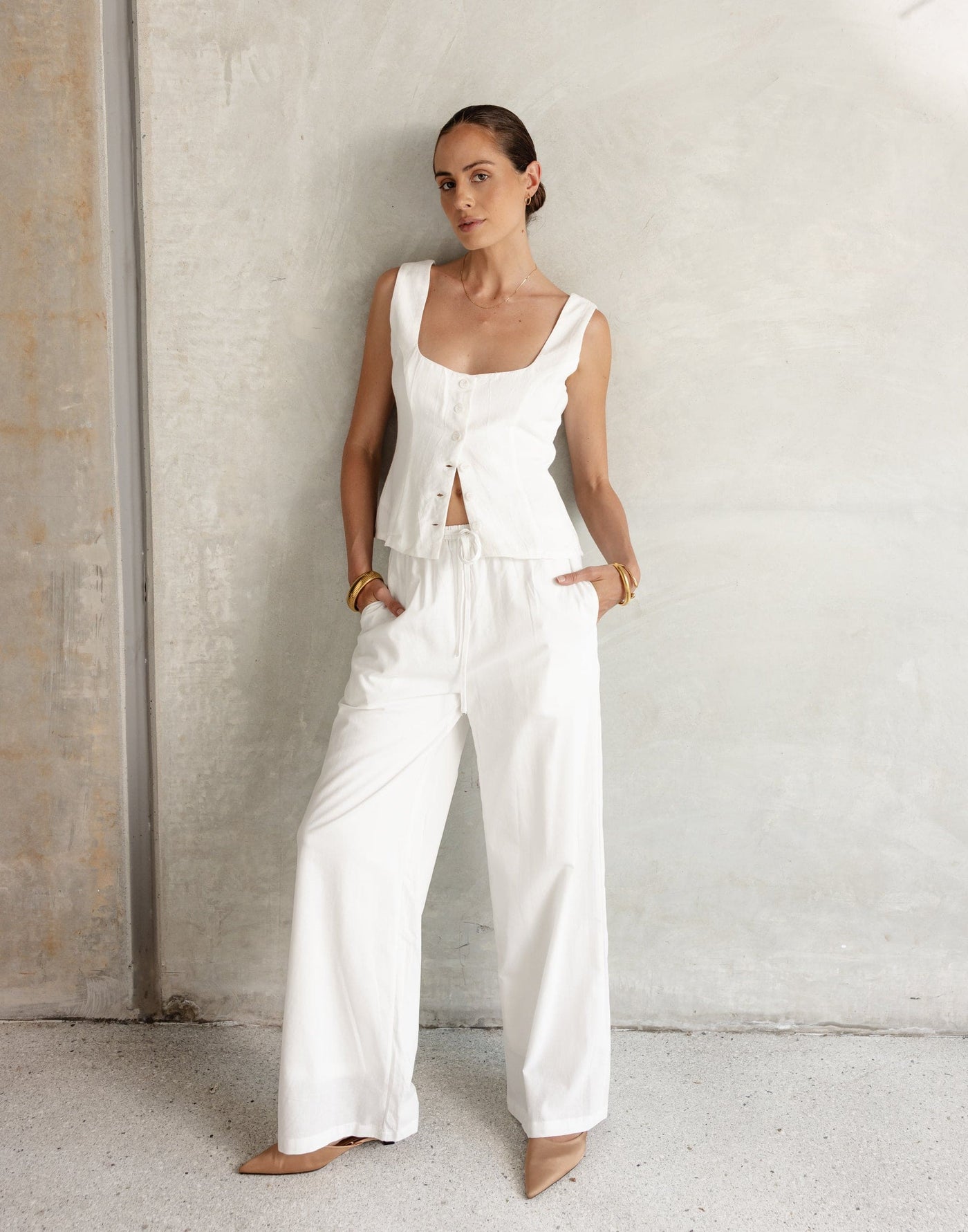 Joni Top (White) | CHARCOAL Exclusive - Rounded Neckline Button Closure Linen Top - Women's Top - Charcoal Clothing
