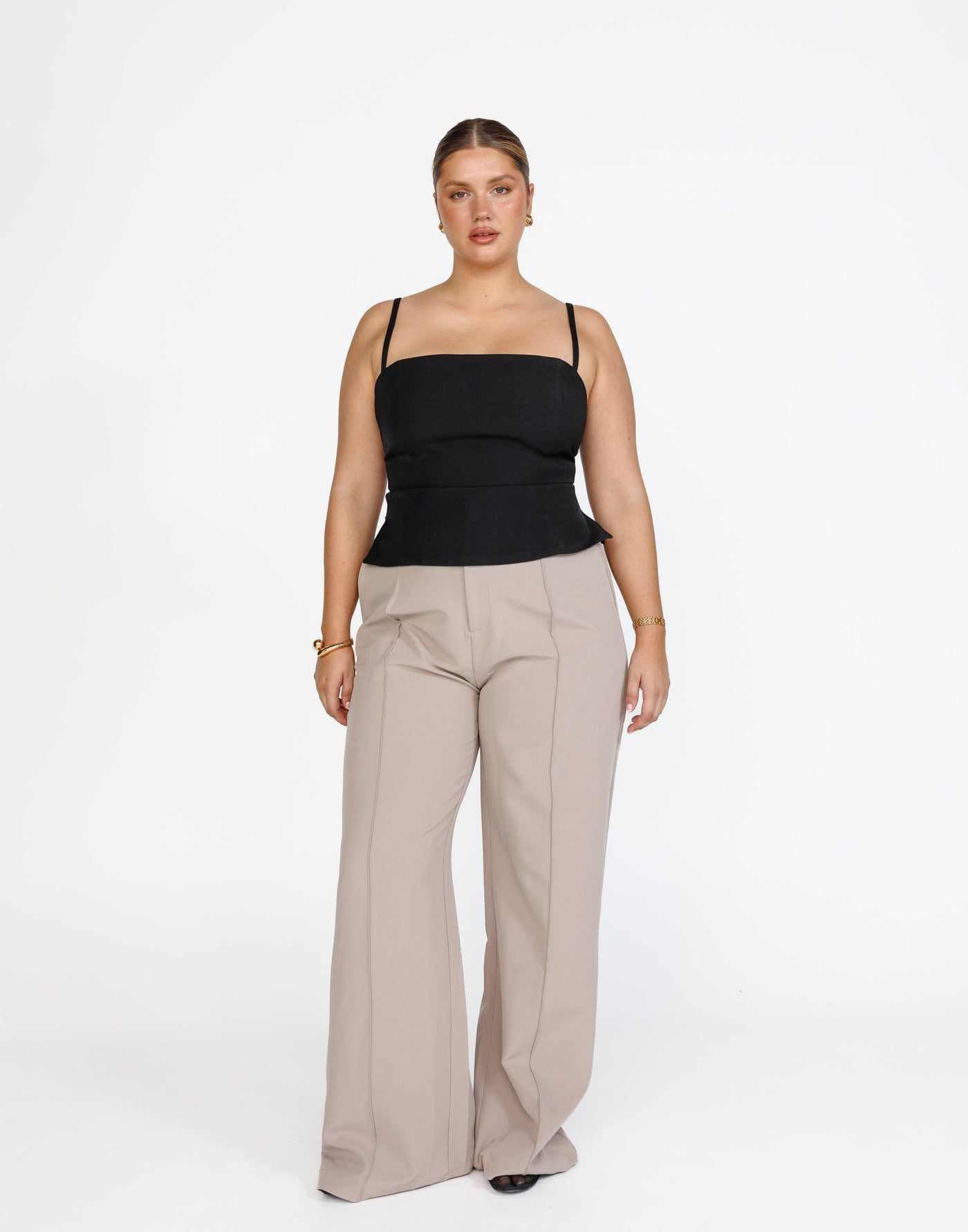 Caris Top (Black) | CHARCOAL Exclusive - Flared Hem Straight Neckline Suiting Top - Women's Top - Charcoal Clothing