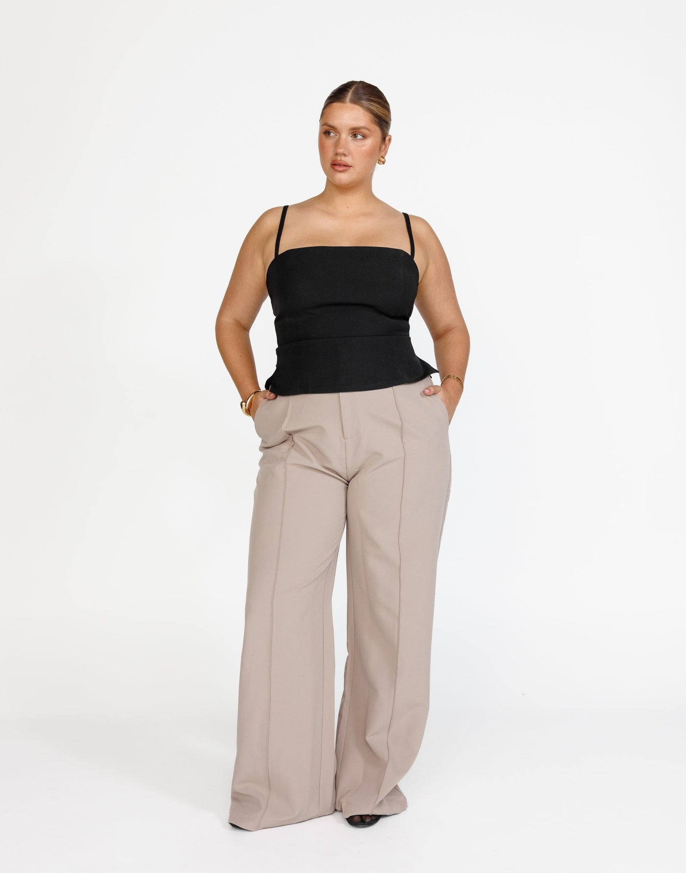 Caris Top (Black) | CHARCOAL Exclusive - Flared Hem Straight Neckline Suiting Top - Women's Top - Charcoal Clothing