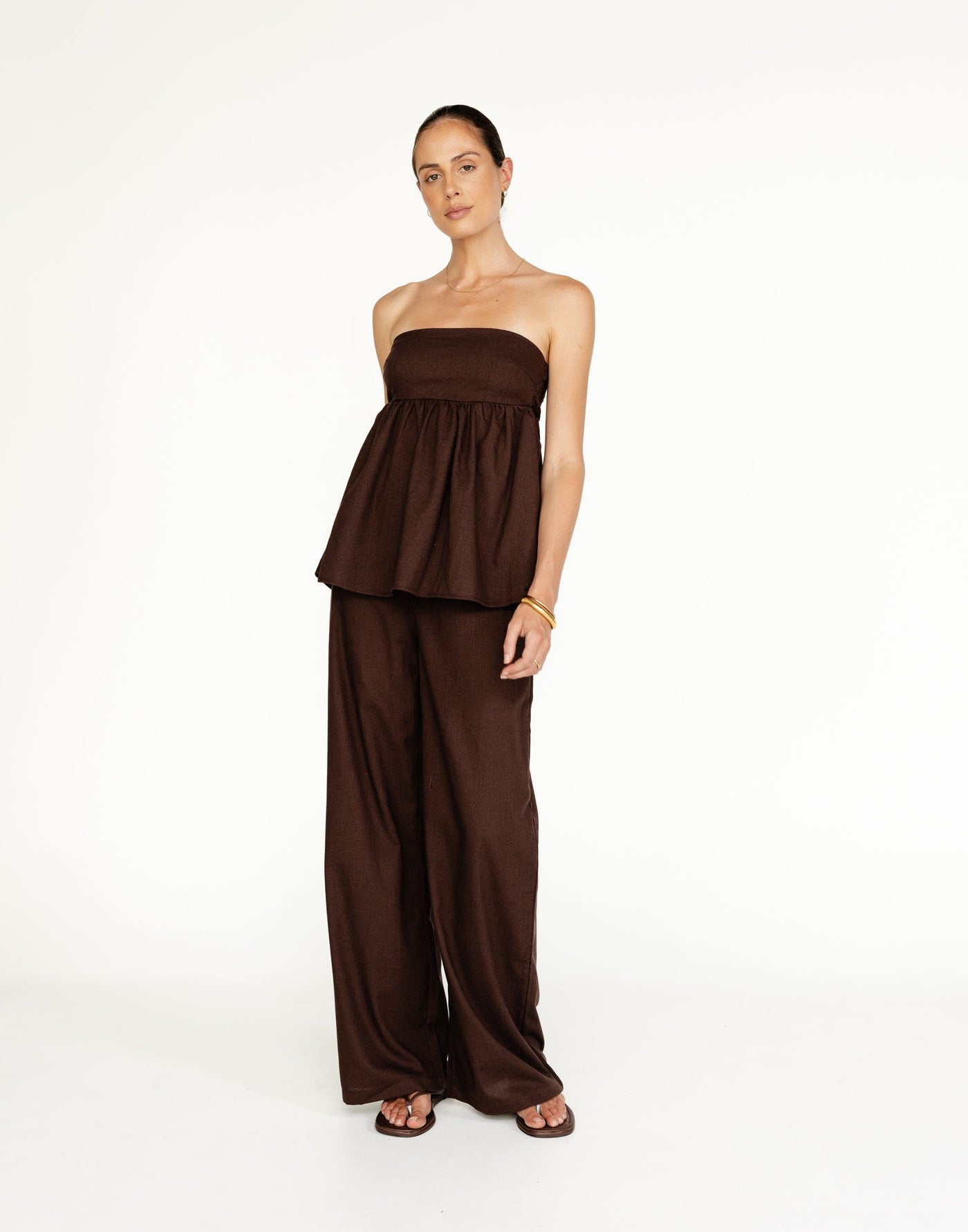 Tarsha Strapless Linen Top (Chocolate) | Charcoal Clothing Exclusive - Strapless Peplum Top - Women's Top - Charcoal Clothing