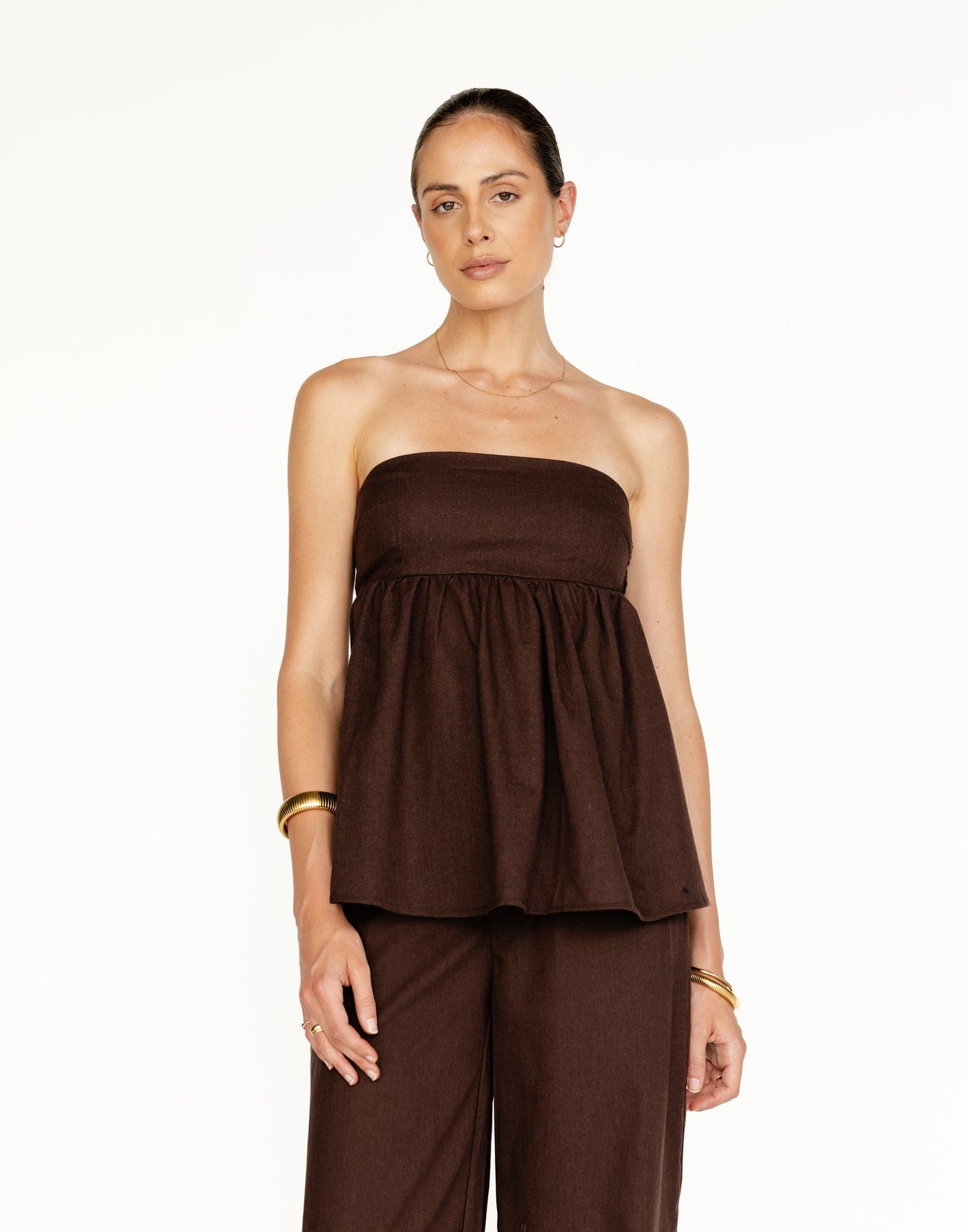 Tarsha Strapless Linen Top (Chocolate) | Charcoal Clothing Exclusive - Strapless Peplum Top - Women's Top - Charcoal Clothing