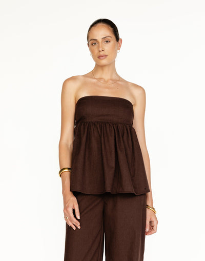Tarsha Strapless Linen Top (Chocolate) | Charcoal Clothing Exclusive - Strapless Peplum Top - Women's Top - Charcoal Clothing