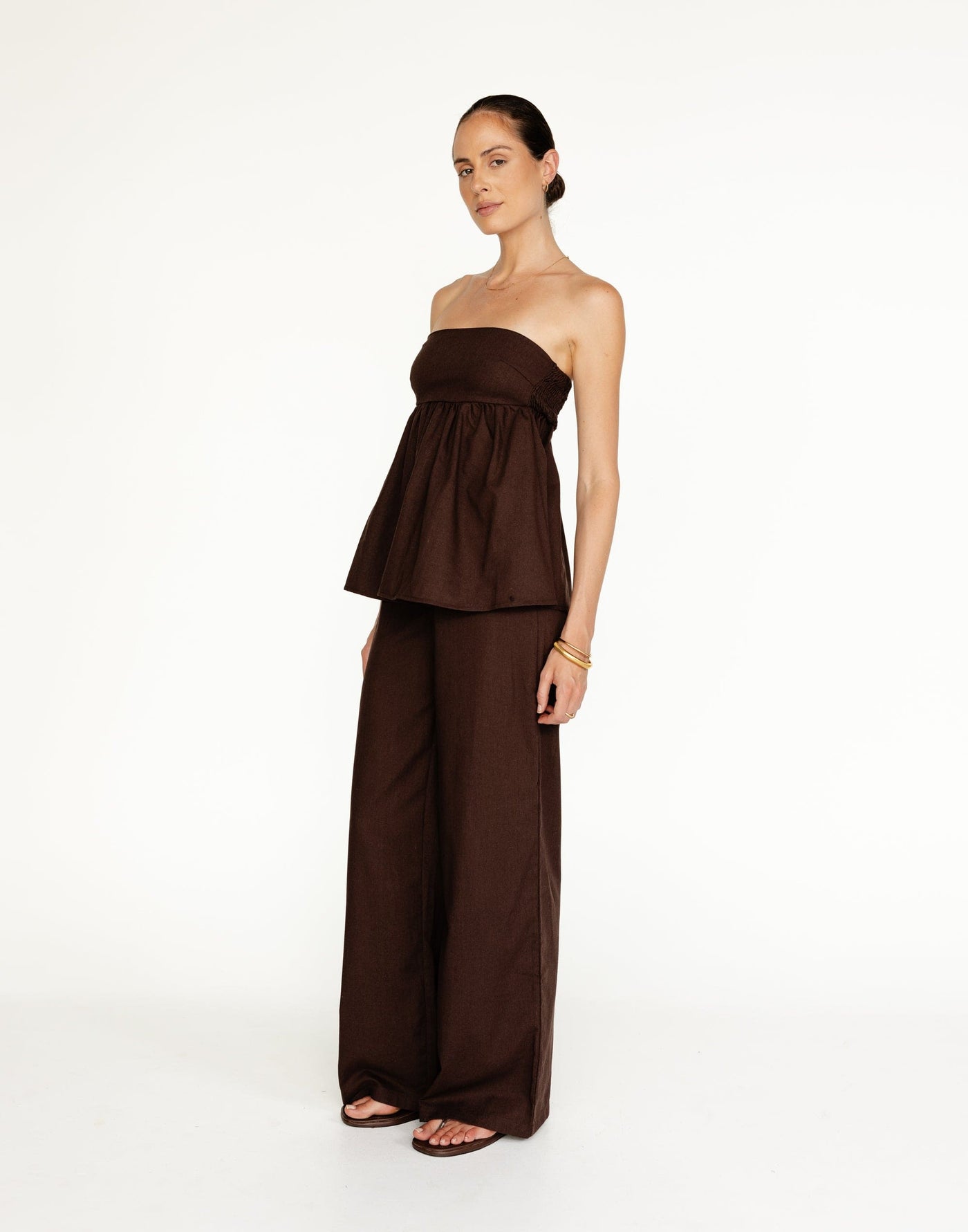 Tarsha Strapless Linen Top (Chocolate) | Charcoal Clothing Exclusive - Strapless Peplum Top - Women's Top - Charcoal Clothing