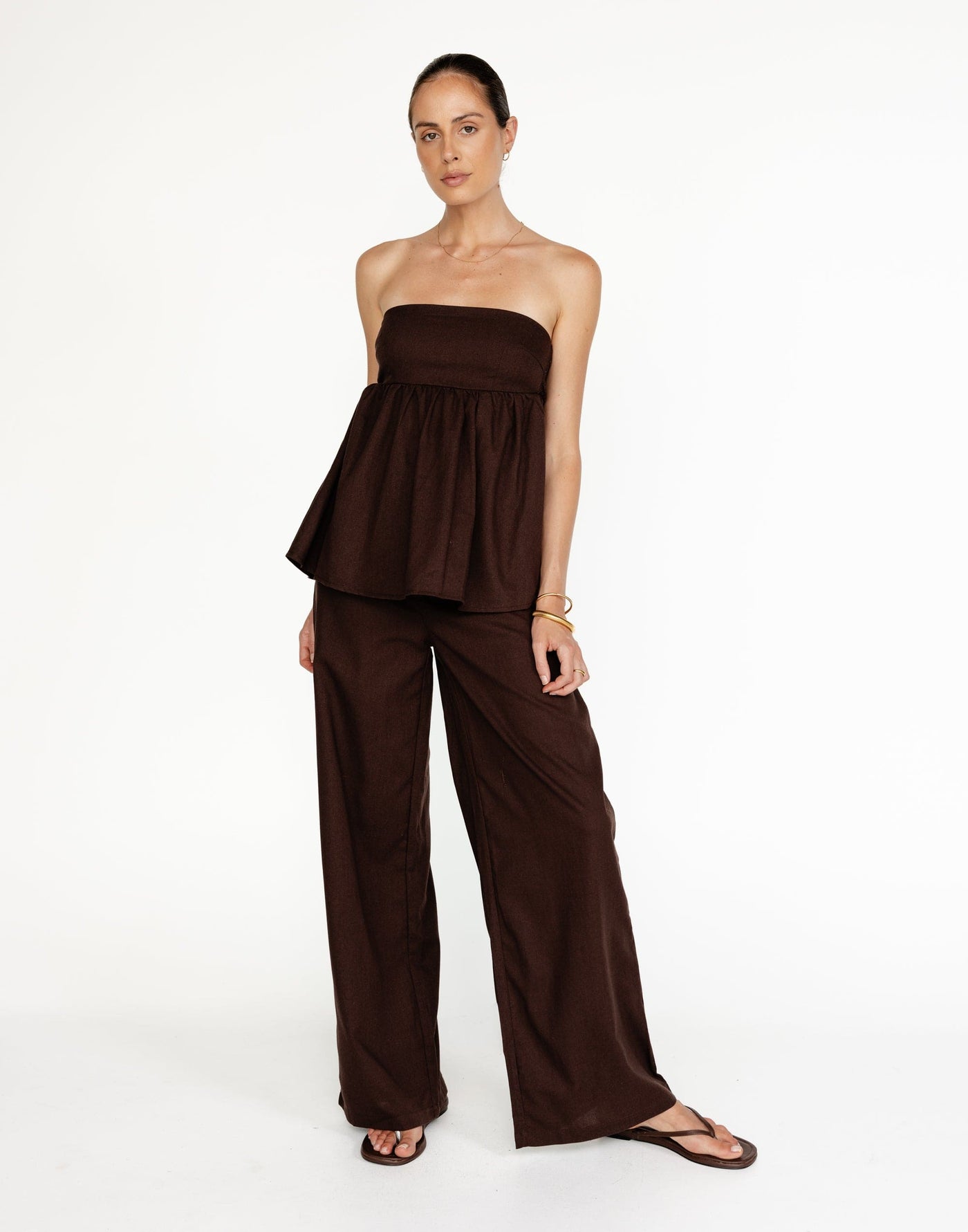 Tarsha Strapless Linen Top (Chocolate) | Charcoal Clothing Exclusive - Strapless Peplum Top - Women's Top - Charcoal Clothing