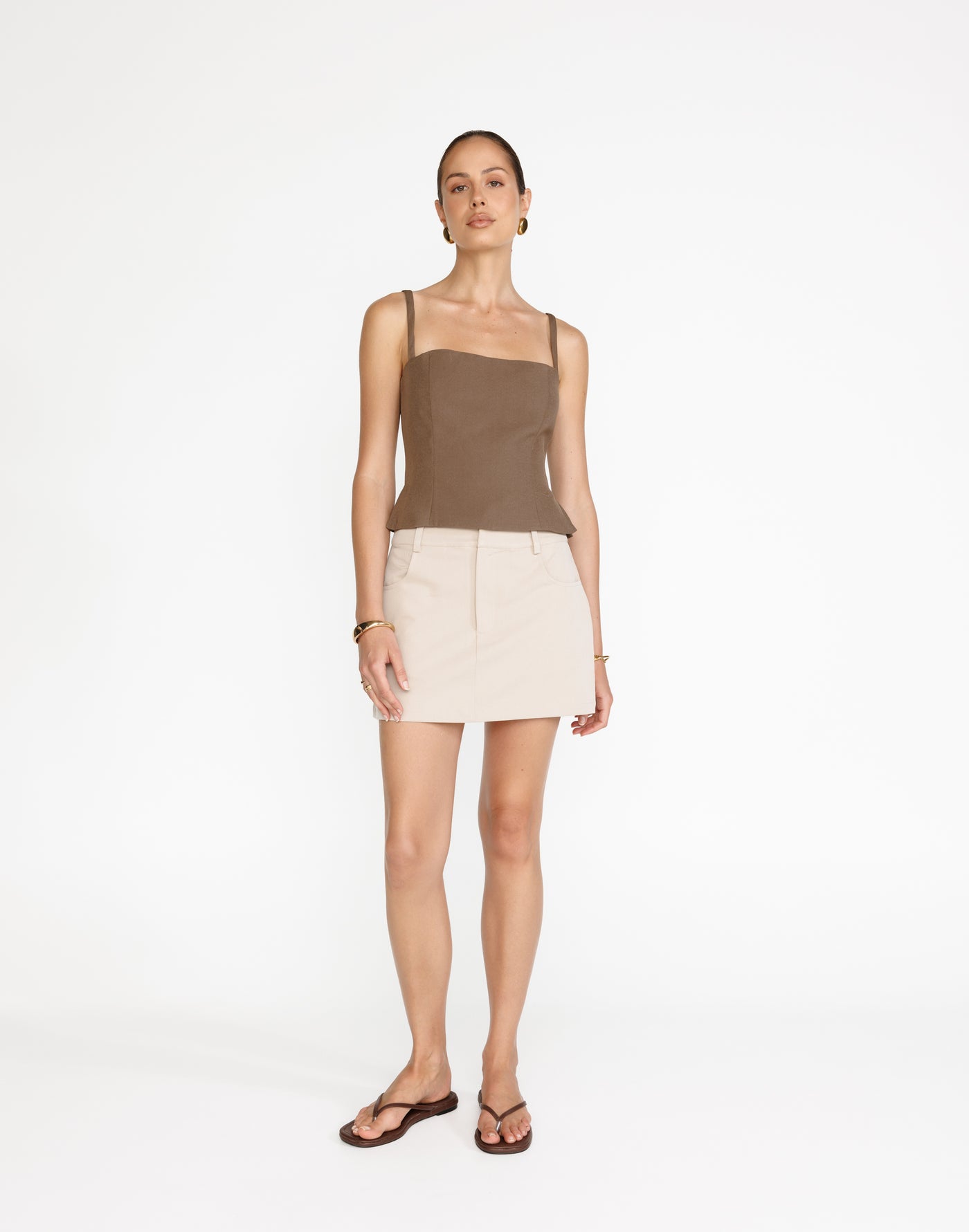 Salome Mini Skirt (Latte) | CHARCOAL Exclusive - High Waisted Thick Waistband Mini Skirt - Women's Skirt - Charcoal Clothing