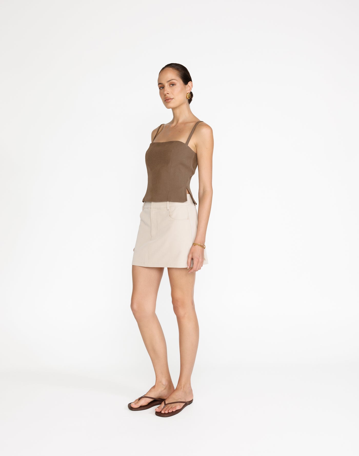 Salome Mini Skirt (Latte) | CHARCOAL Exclusive - High Waisted Thick Waistband Mini Skirt - Women's Skirt - Charcoal Clothing