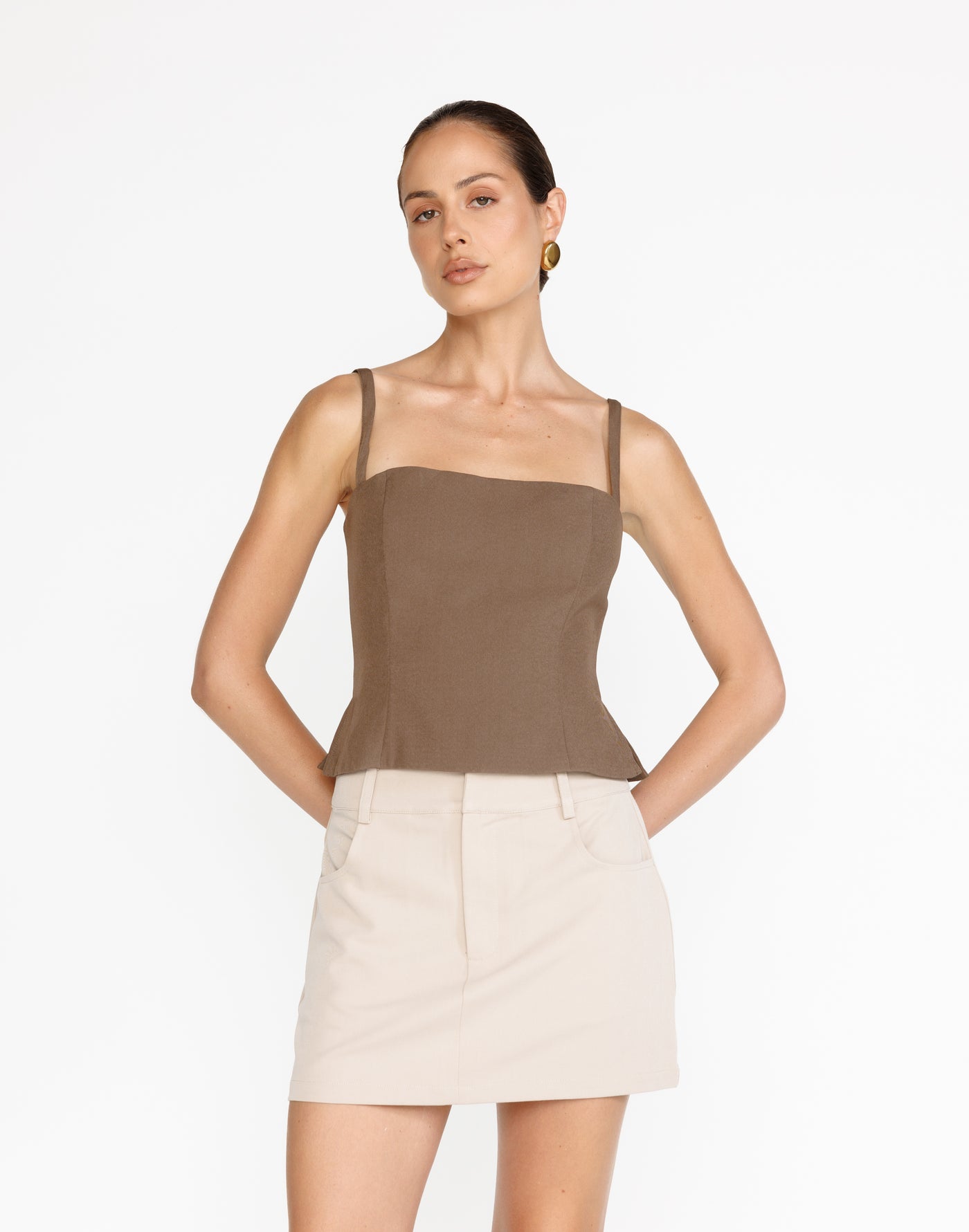 Salome Mini Skirt (Latte) | CHARCOAL Exclusive - High Waisted Thick Waistband Mini Skirt - Women's Skirt - Charcoal Clothing
