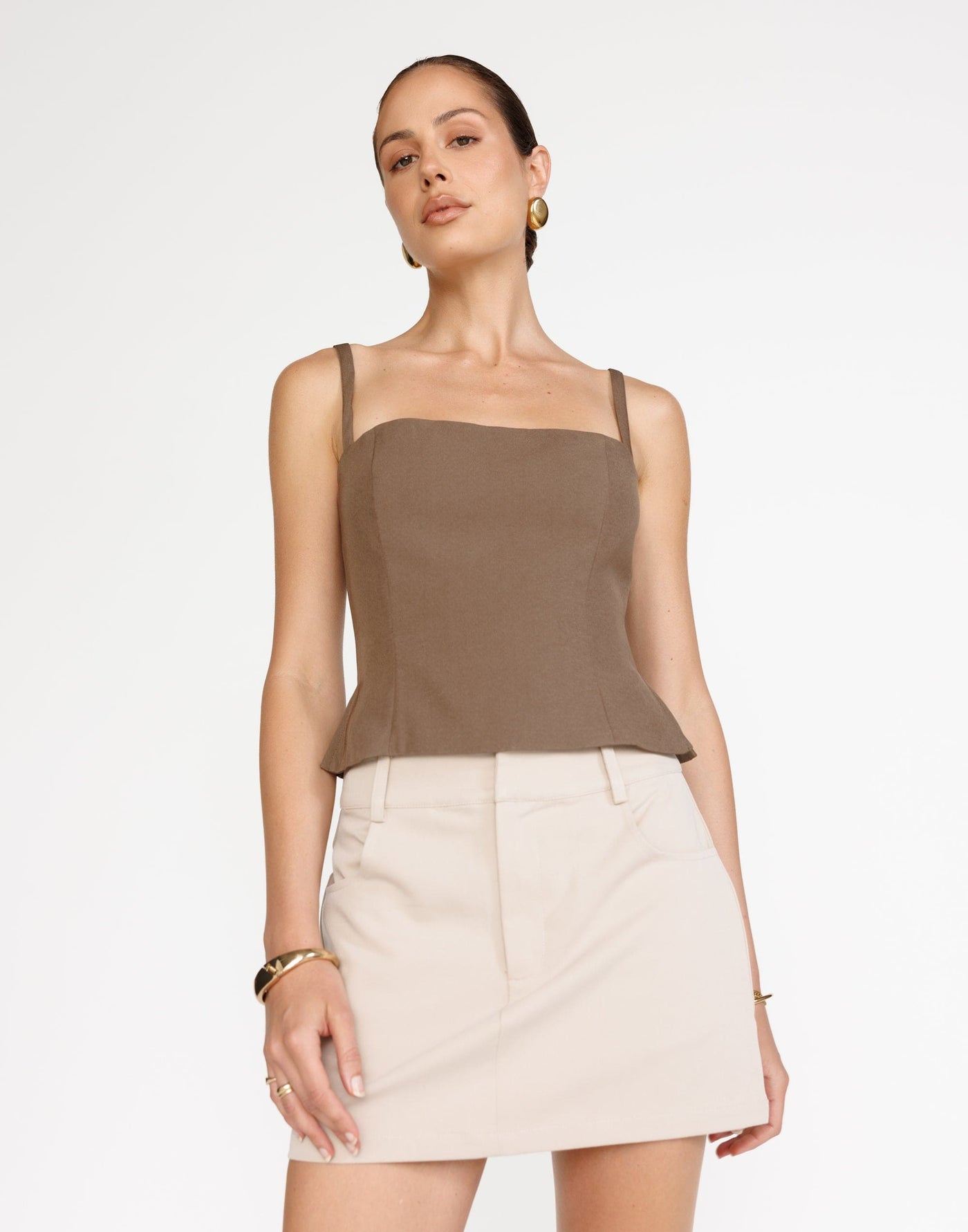 Salome Mini Skirt (Latte) | CHARCOAL Exclusive - High Waisted Thick Waistband Mini Skirt - Women's Skirt - Charcoal Clothing