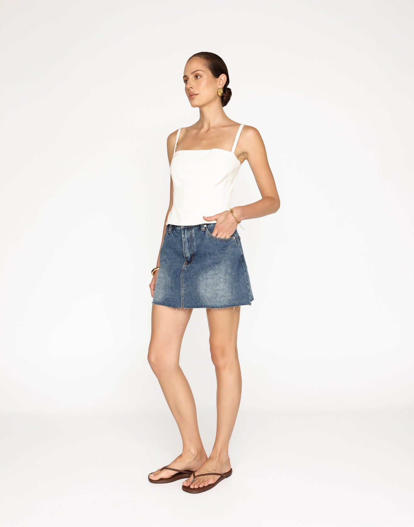 Okara Denim Skort (Faded Mid Wash) | CHARCOAL Exclusive - Frayed Hem High Waisted Skort - Women's Skort - Charcoal Clothing