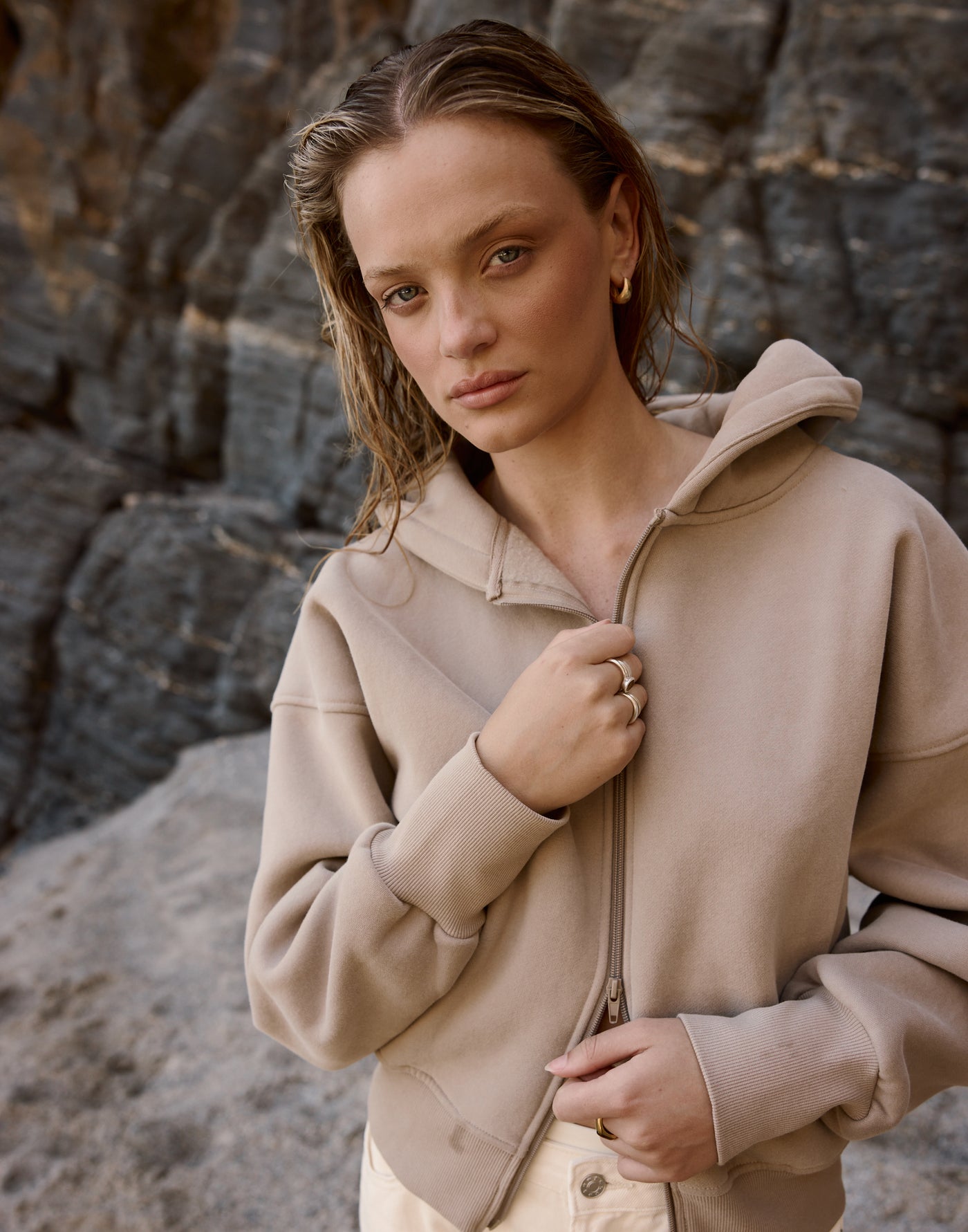 Elija Zip Hoodie (Stone) | CHARCOAL EXCLUSIVE | Zip up hoodie with fleece lining - Women's Outerwear - Charcoal Clothing