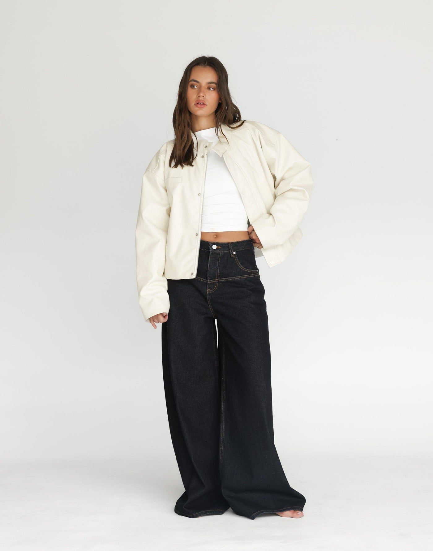 Isaiah Jacket (Oat) | CHARCOAL Exclusive - Slightly Cropped Collared Faux Leather Jacket - Women's Outerwear - Charcoal Clothing