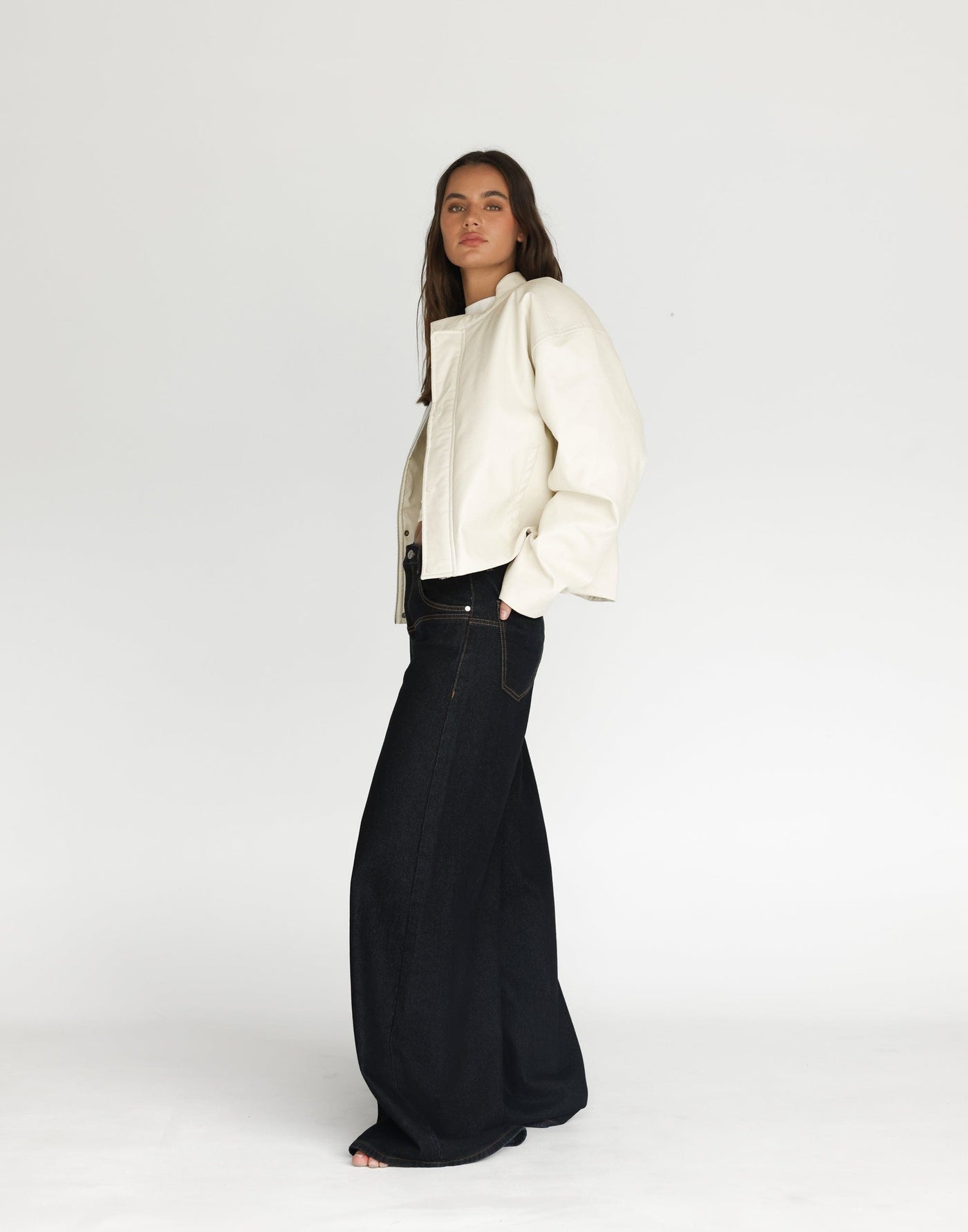 Isaiah Jacket (Oat) | CHARCOAL Exclusive - Slightly Cropped Collared Faux Leather Jacket - Women's Outerwear - Charcoal Clothing