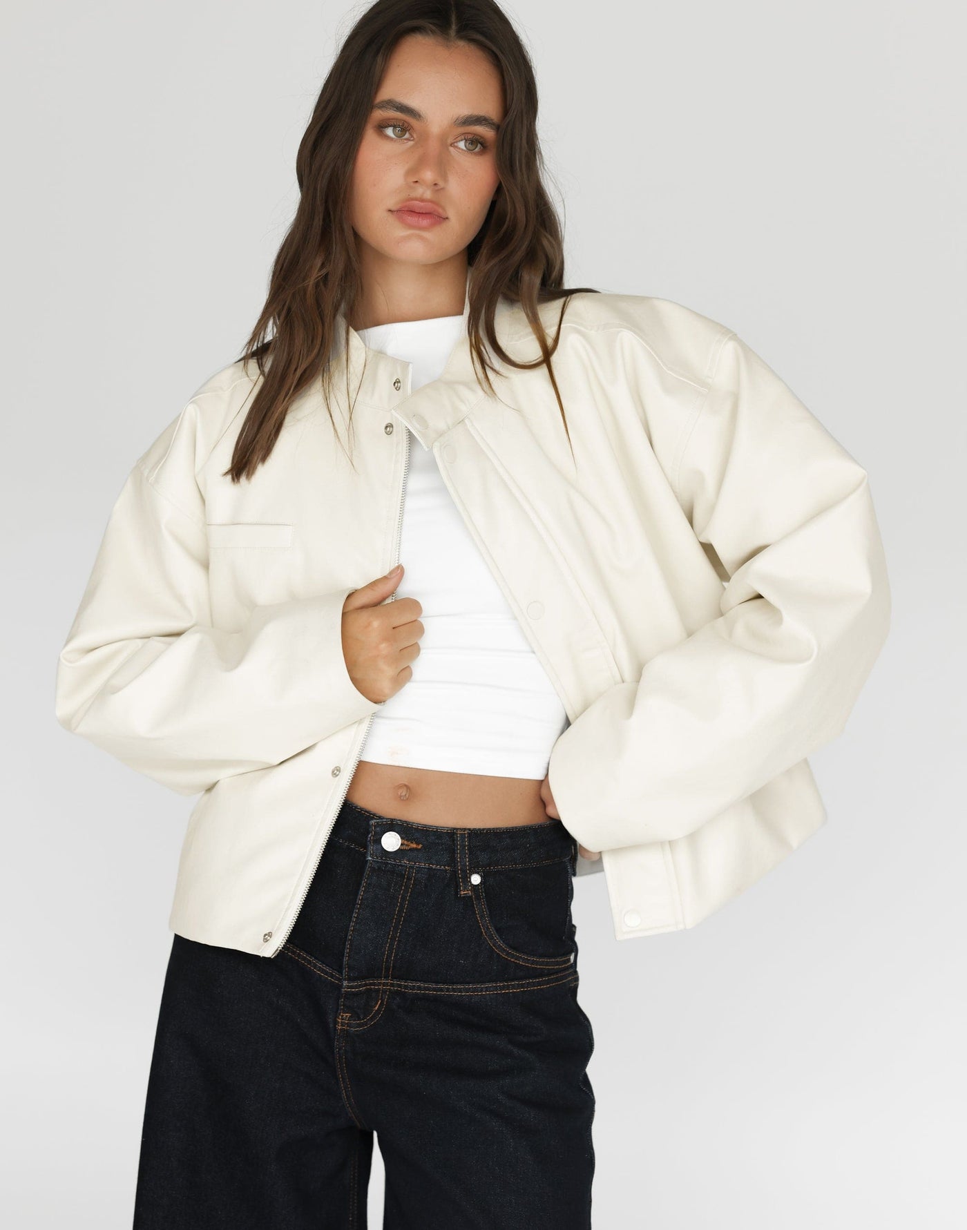 Isaiah Jacket (Oat) | CHARCOAL Exclusive - Slightly Cropped Collared Faux Leather Jacket - Women's Outerwear - Charcoal Clothing