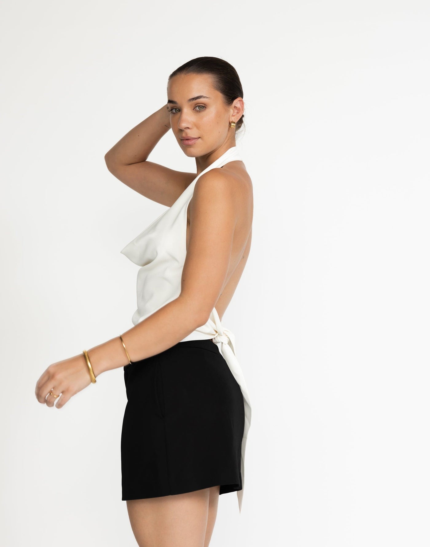 Theda Top (White) | CHARCOAL Exclusive - Cowl Neckline, Gold Detailing - Women's Top - Charcoal Clothing