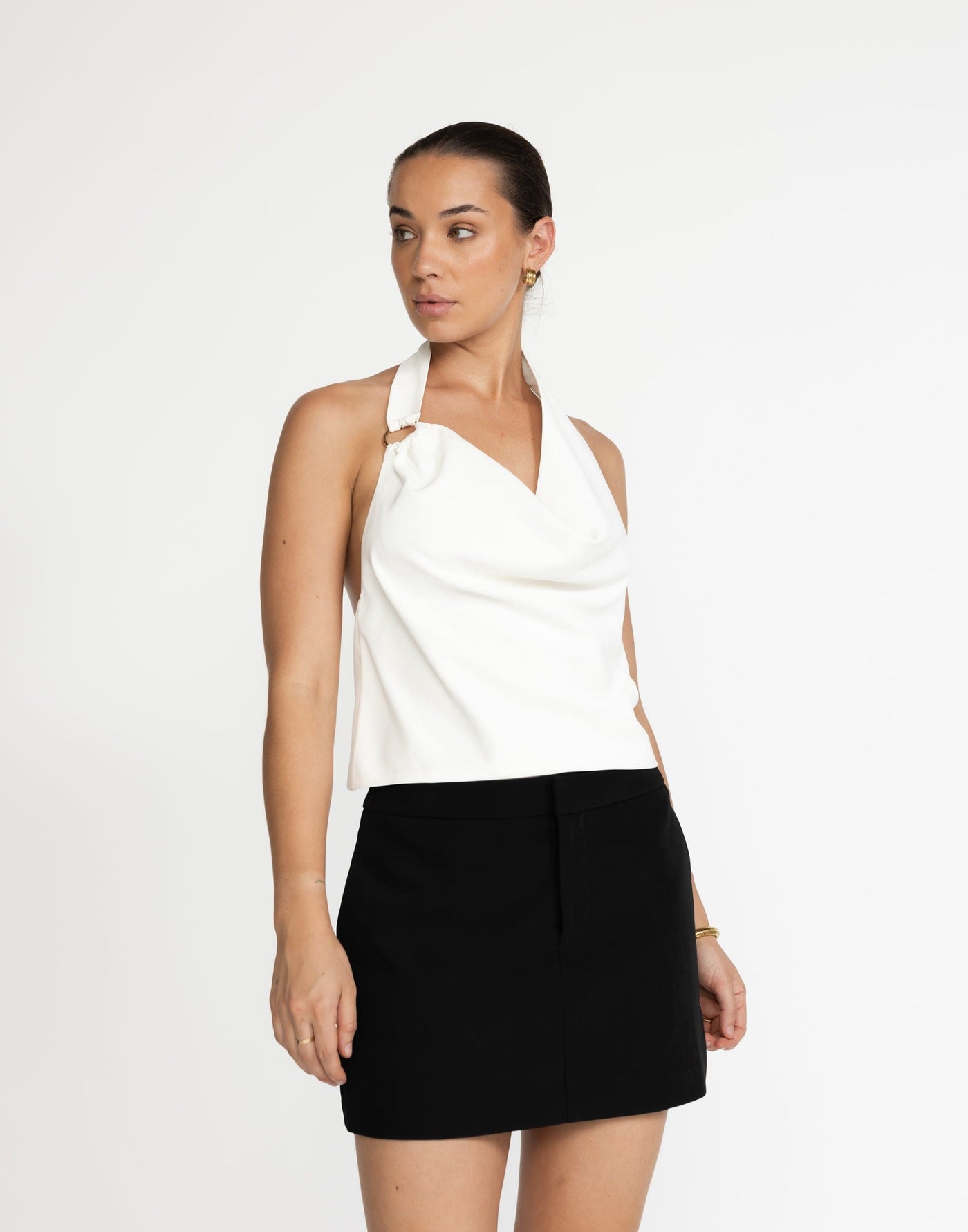Theda Top (White) | CHARCOAL Exclusive - Cowl Neckline, Gold Detailing - Women's Top - Charcoal Clothing