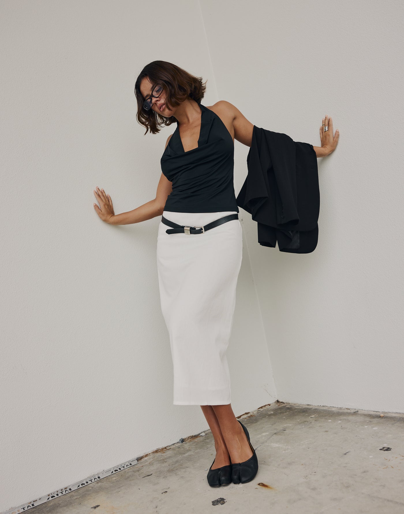 Cleo Midi Skirt (White)- CHARCOAL EXCLUSIVE - Linen Mid Rise Midi Skirt - Women's Skirt - Charcoal Clothing