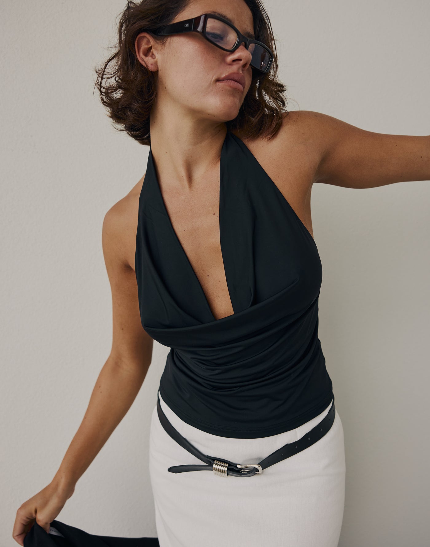 Dreams Top (Black) | CHARCOAL Exclusive - Jersey Cowl Neckline Halter Top - Women's Top - Charcoal Clothing