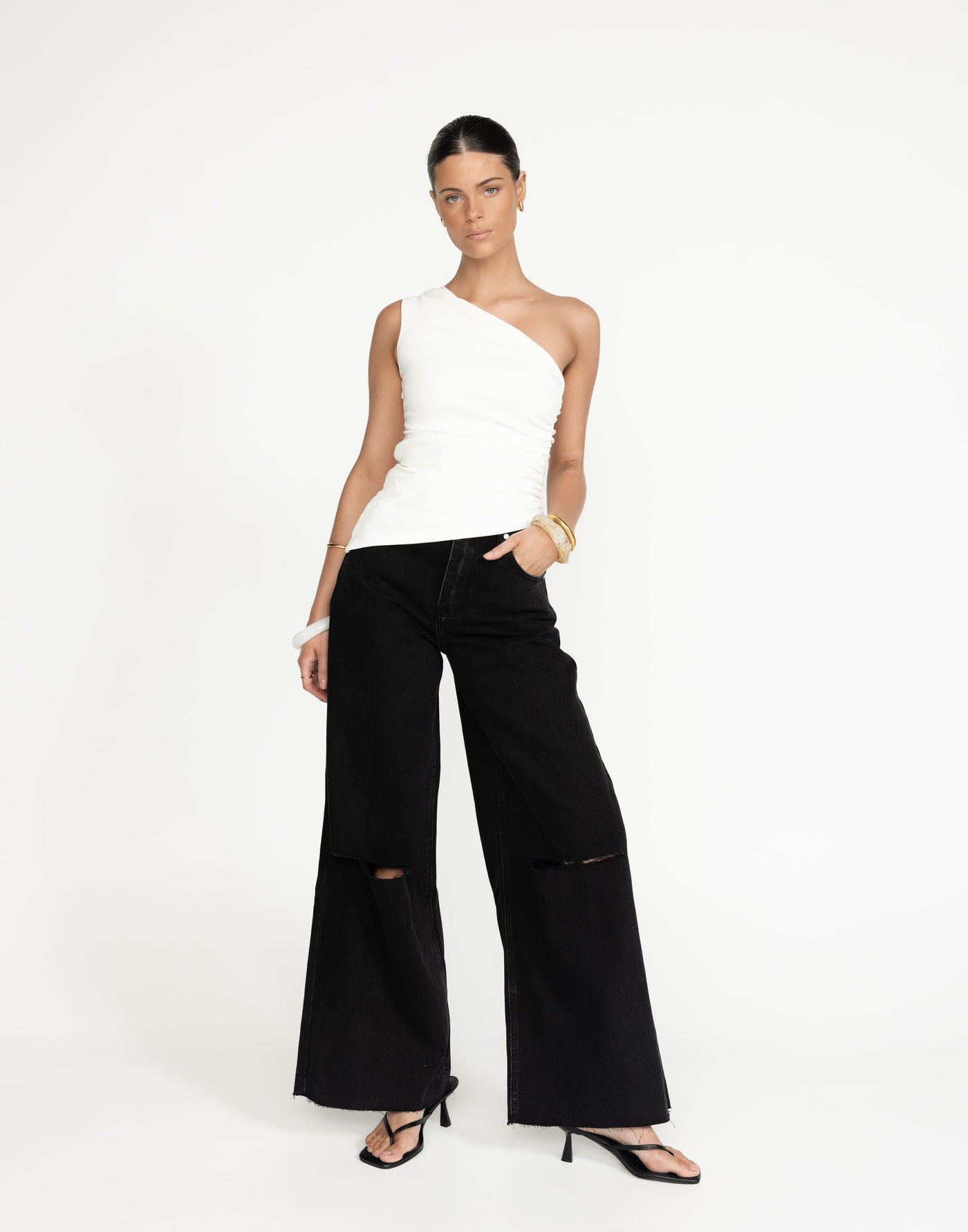Jacob Jeans (Vintage Black) | CHARCOAL Exclusive - Ripped Knee Wide Leg High Waisted Jean - Women's Pants - Charcoal Clothing