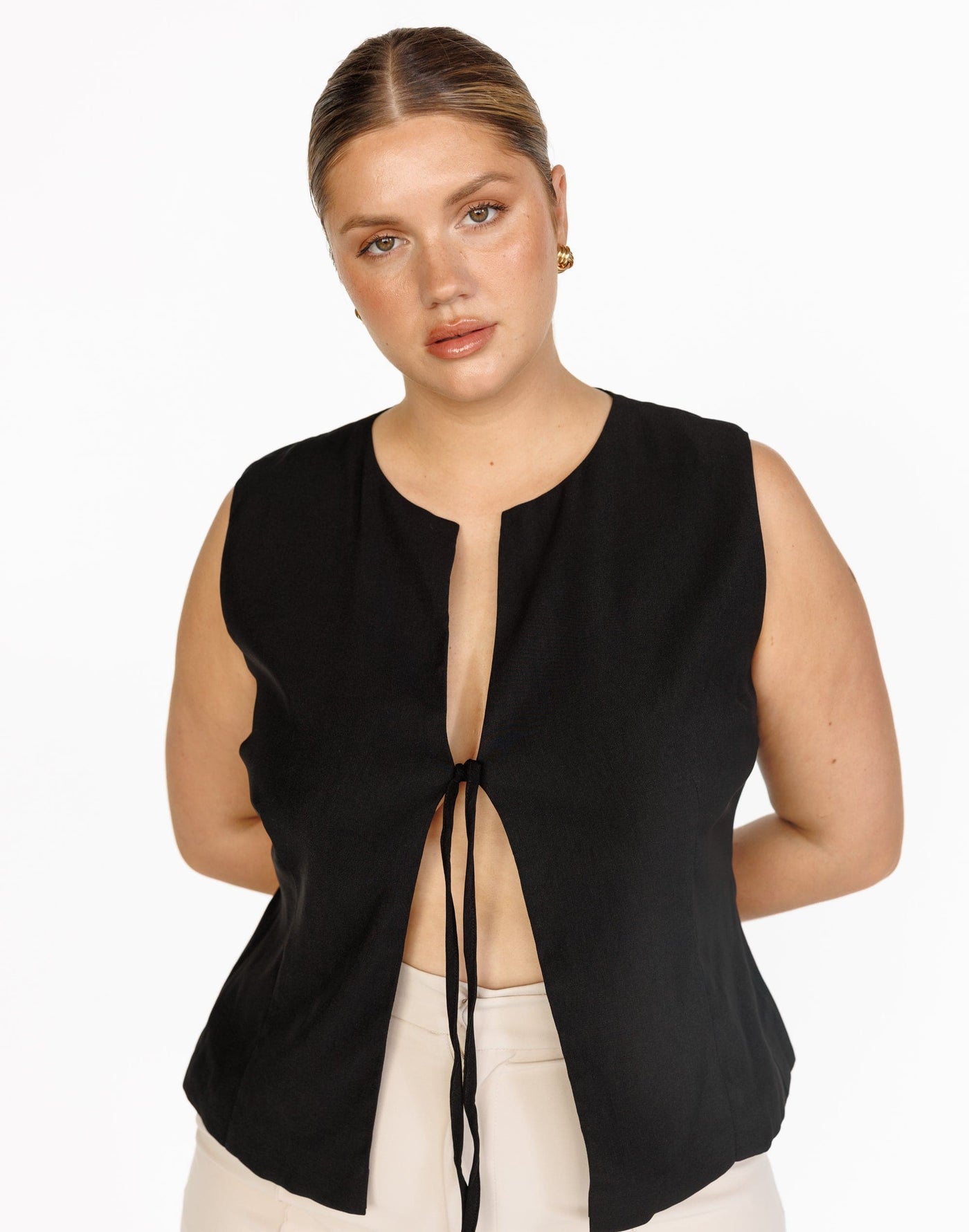 Caisey Top (Black) | CHARCOAL Exclusive - Open Tie Front Detail Top - Women's Top - Charcoal Clothing