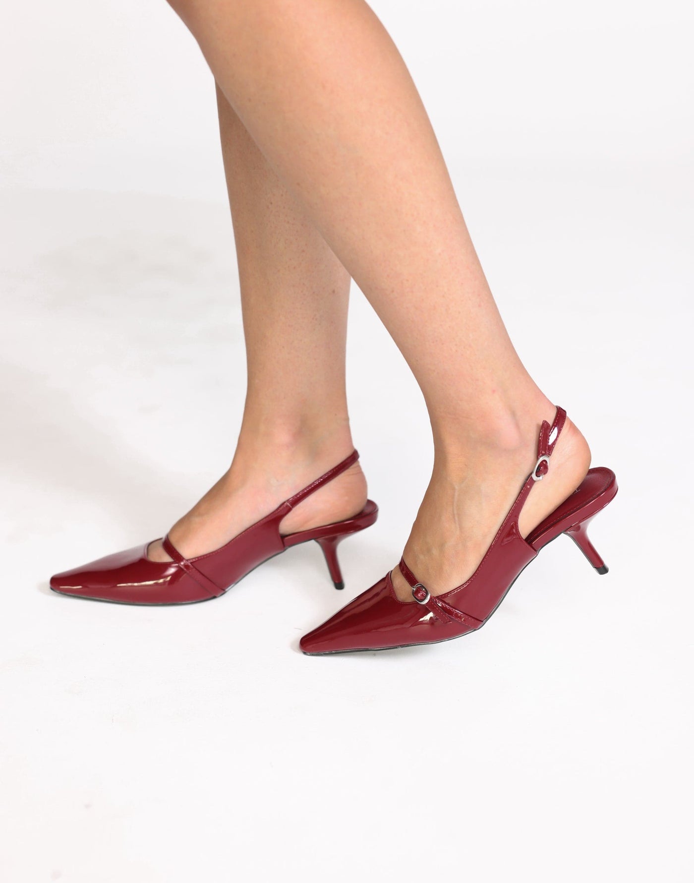Parlour Heels (Cherry Patent) - By Therapy - Slingback Pointed Toe Strap Detail Slanted Heels - Women's Shoes - Charcoal Clothing