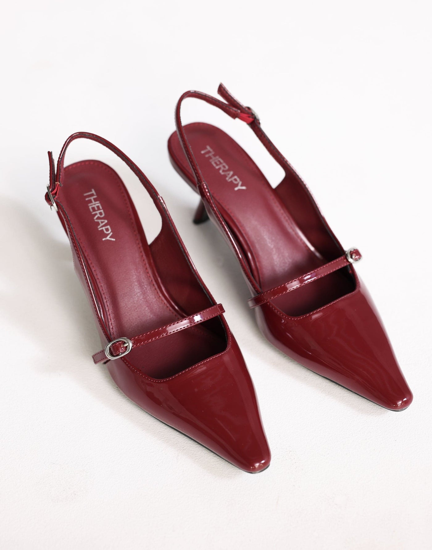 Parlour Heels (Cherry Patent) - By Therapy - Slingback Pointed Toe Strap Detail Slanted Heels - Women's Shoes - Charcoal Clothing