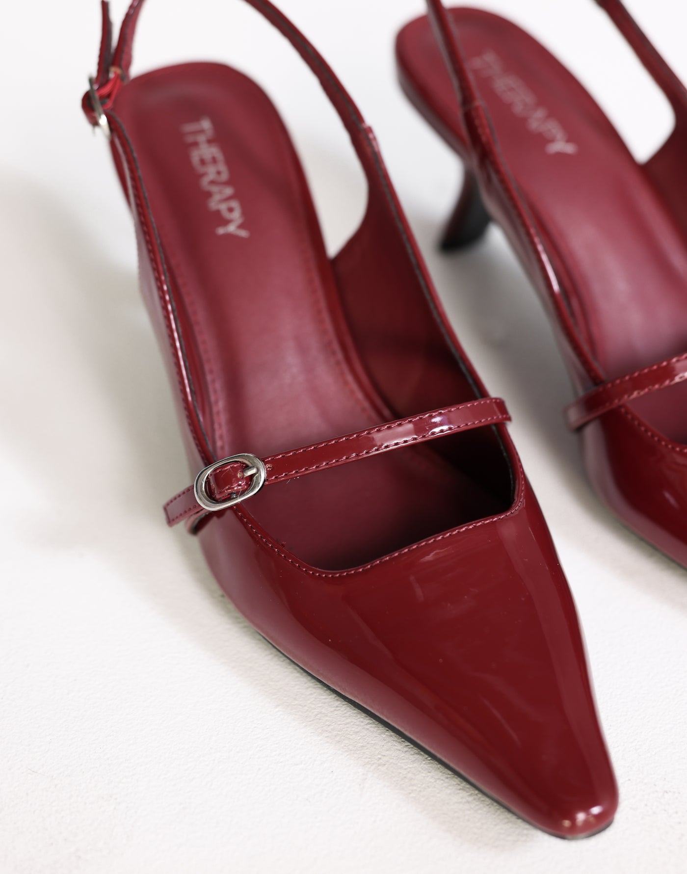 Parlour Heels (Cherry Patent) - By Therapy - Slingback Pointed Toe Strap Detail Slanted Heels - Women's Shoes - Charcoal Clothing