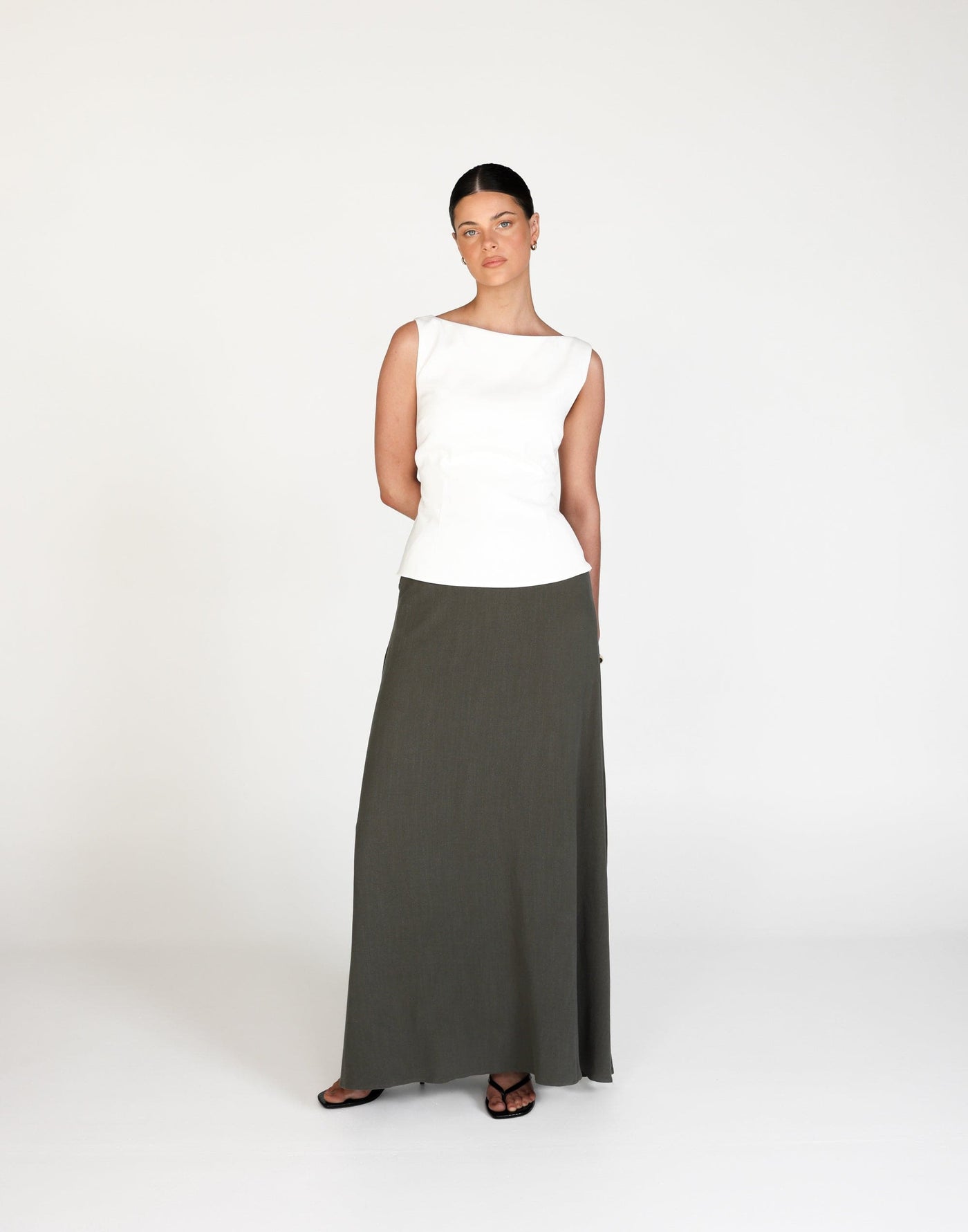 Miranda Maxi Skirt (Moss) | CHARCOAL Exclusive - Flared Flowy Elasticated Waist Maxi Skirt - Women's Skirt - Charcoal Clothing