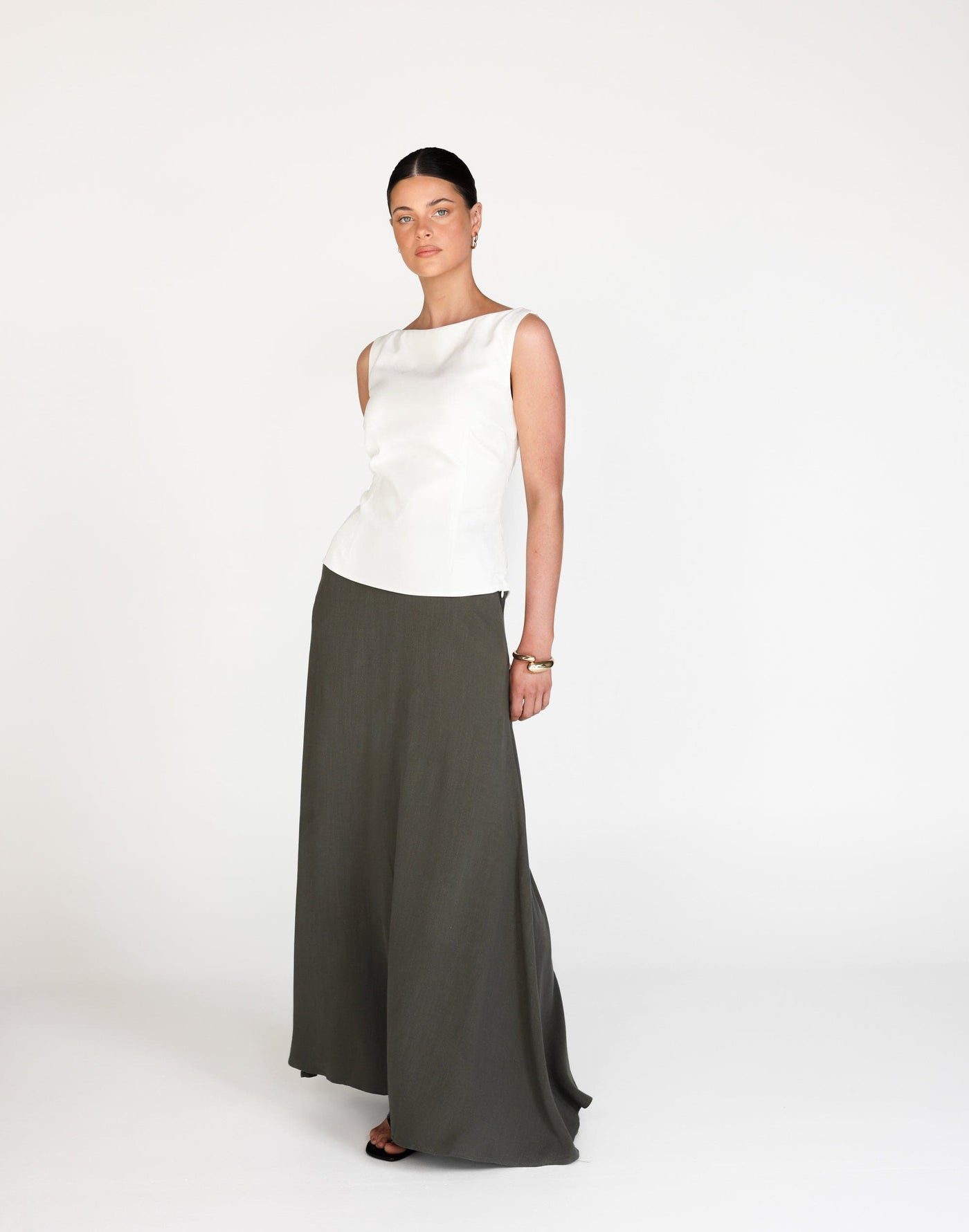 Miranda Maxi Skirt (Moss) | CHARCOAL Exclusive - Flared Flowy Elasticated Waist Maxi Skirt - Women's Skirt - Charcoal Clothing