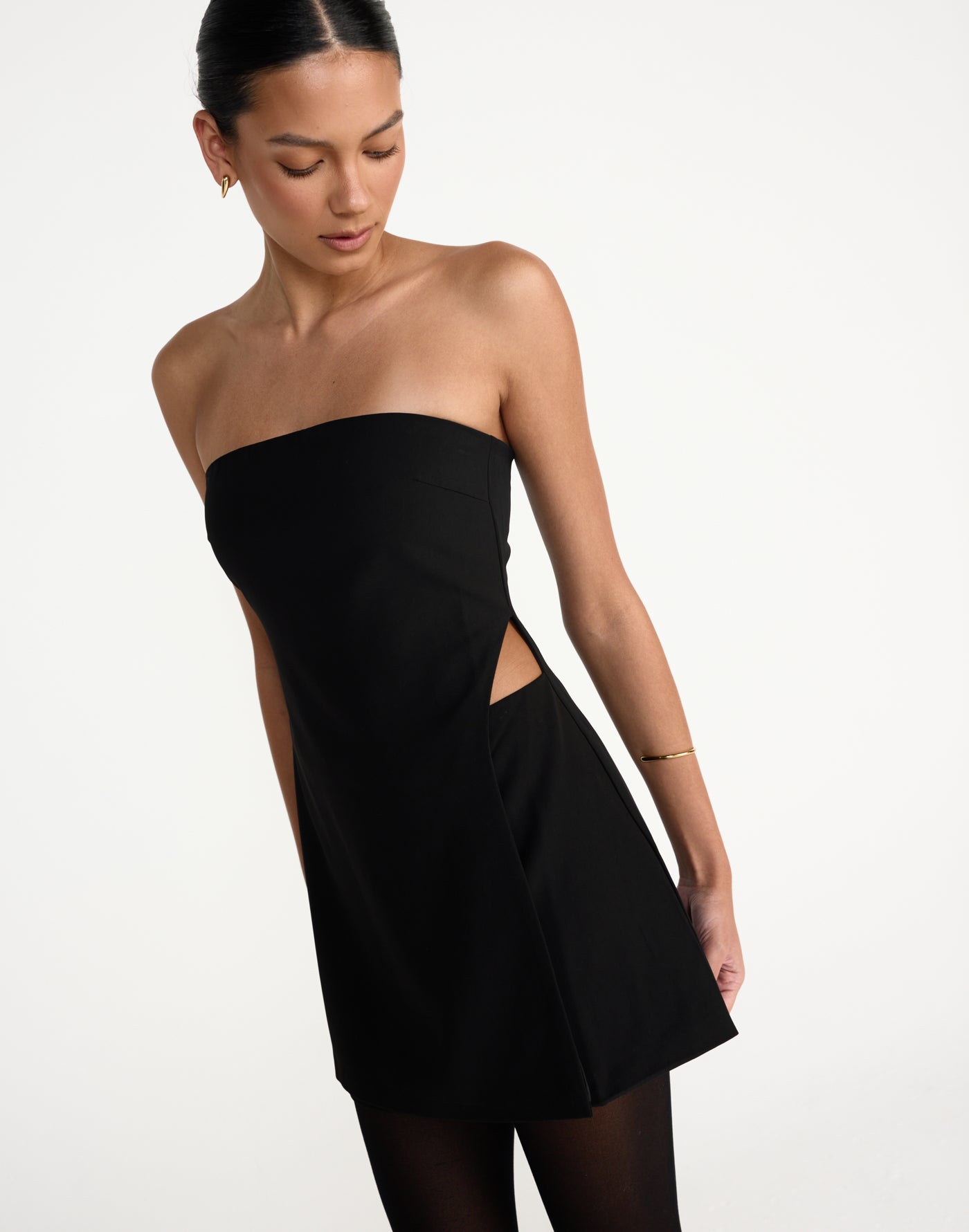 Gabby Mini Dress (Black) | CHARCOAL Exclusive - Wrapped Layered look strapless mini dress with side cut out - Women's Dress - Charcoal Clothing