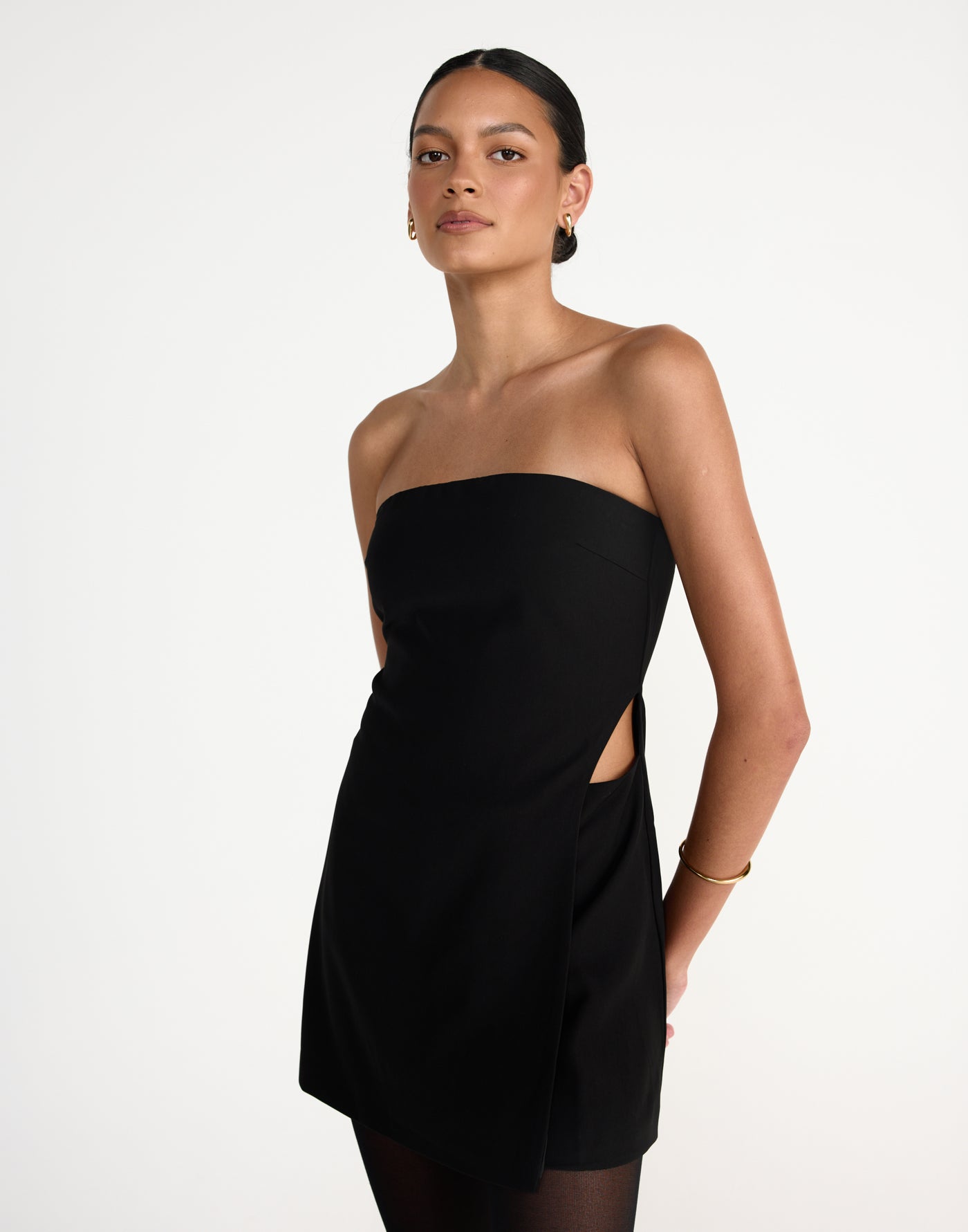 Gabby Mini Dress (Black) | CHARCOAL Exclusive - Wrapped Layered look strapless mini dress with side cut out - Women's Dress - Charcoal Clothing