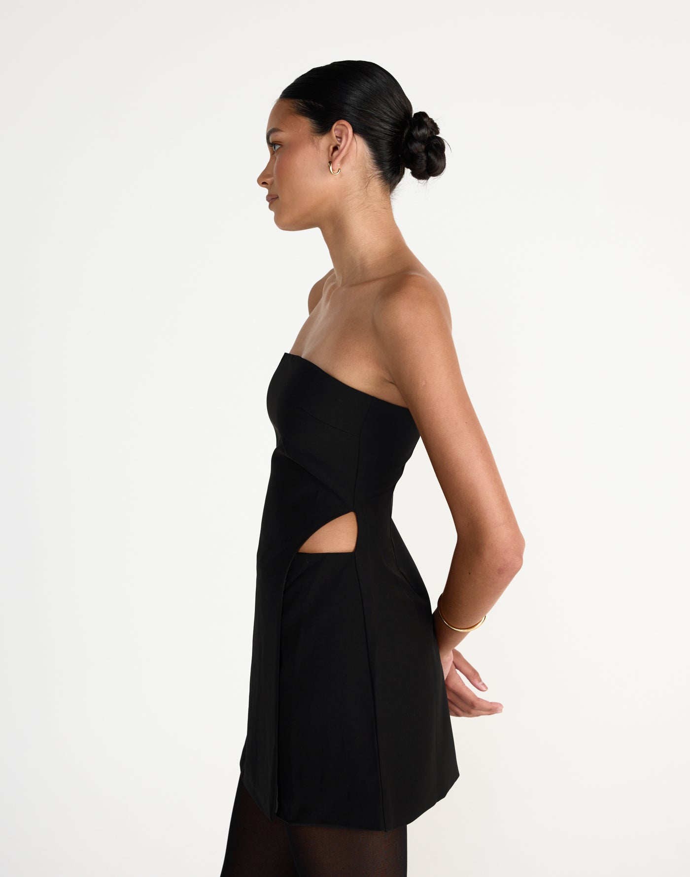 Gabby Mini Dress (Black) | CHARCOAL Exclusive - Wrapped Layered look strapless mini dress with side cut out - Women's Dress - Charcoal Clothing